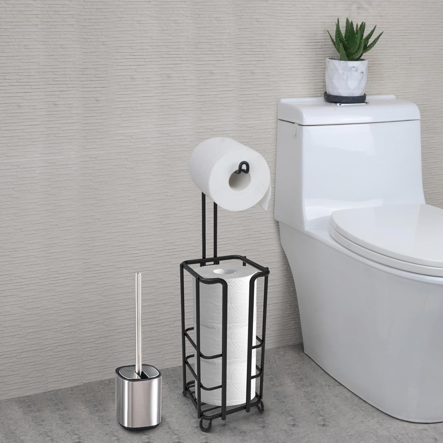 LKKL Soporte de papel higiénico, soporte de papel higiénico de pie para baño, soporte de papel higiénico y soporte para escobillas, dispensador de