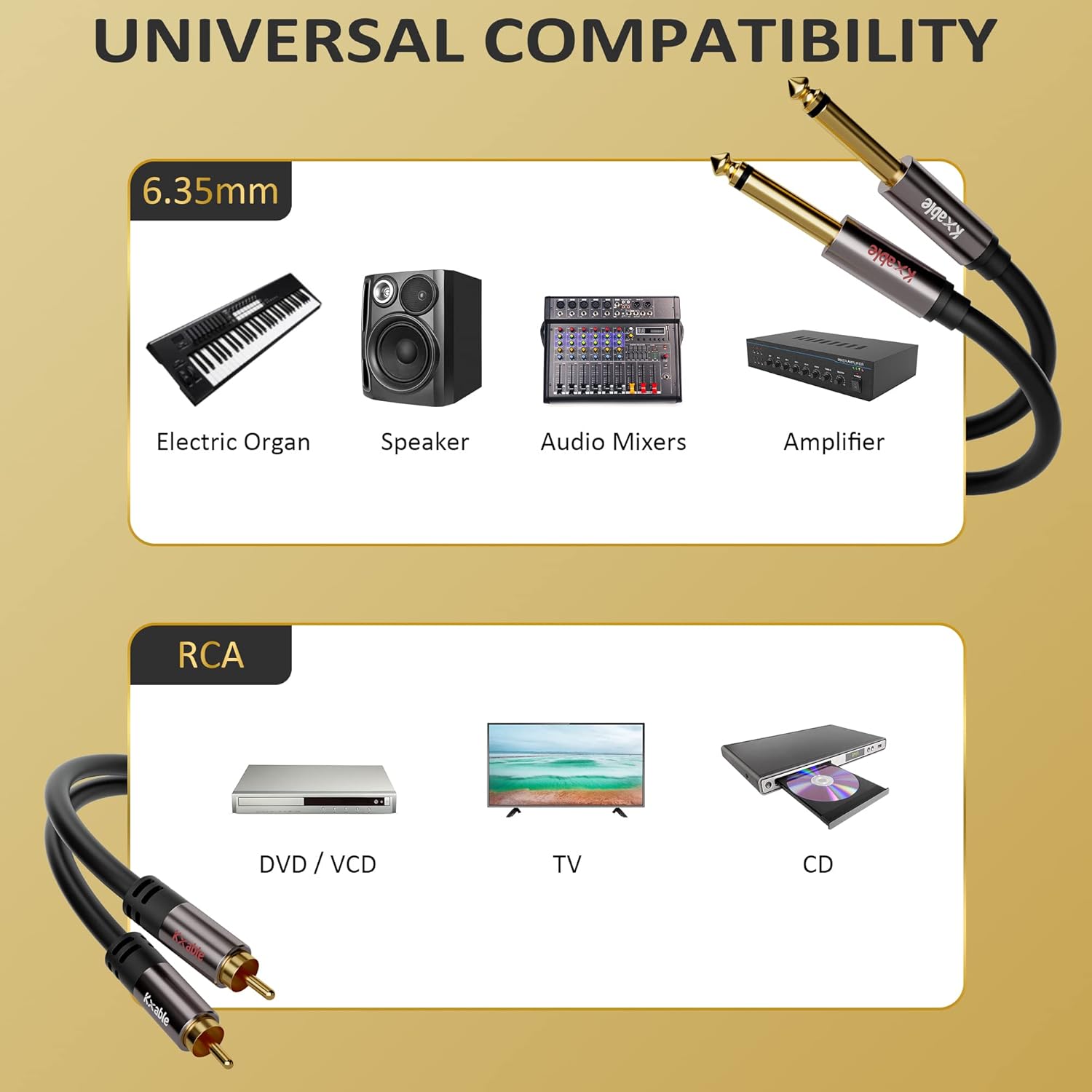 Cable RCA a 14 de 15 pies, cable de interconexión de audio estéreo dual TS de 14 de pulgada a doble RCA, OFC de cobre sin oxígeno, 2 cables mono