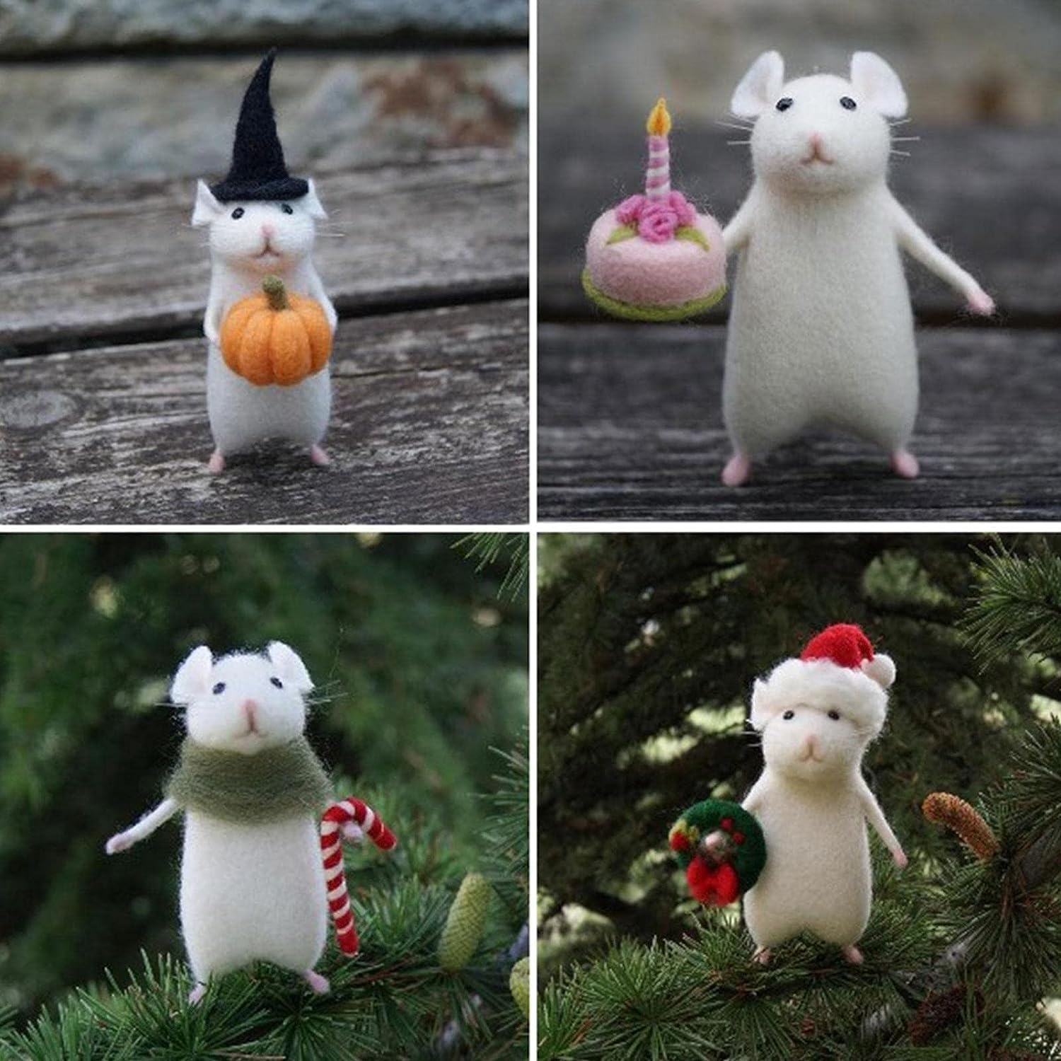 WJUOIHI Ratón de Halloween hecho a mano con una calabaza  Adorno de ratón navideño de fieltro de lana, aguja de fieltro de Navidad, muñeco de bruja