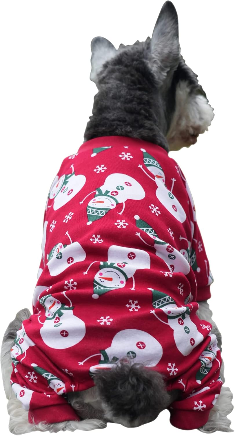 bonita pijama para perros, para mascotas pequeñas, diseño de muñeco y copos de nieve, color rojo, 95% algodón, 5% licra