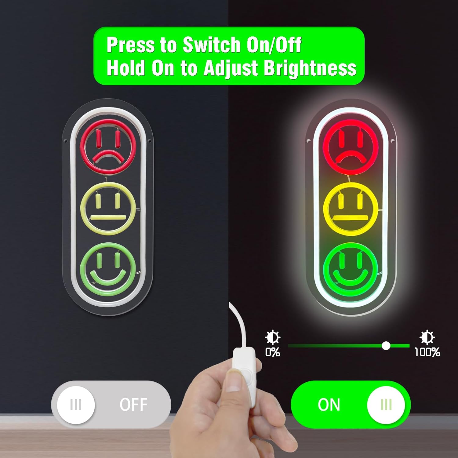 Letrero de neón con cara sonriente para decoración de pared, letrero LED de semáforo, letreros de luces de neón regulables para habitación de niños,