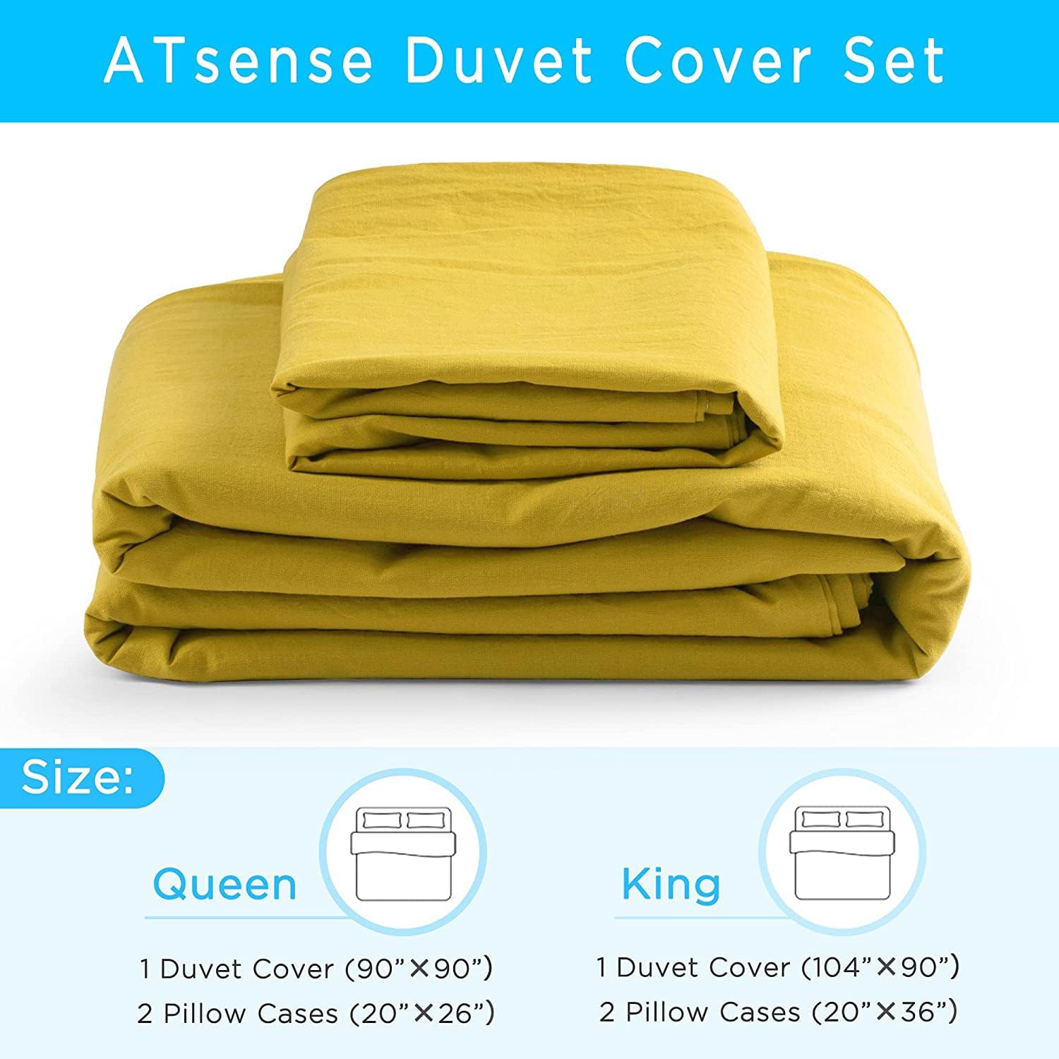 ATsense – Juego de funda de edredón tamaño King, 100% algodón lavado, de 3 piezas, ultra suave y de fácil cuidado, de estilo rural simple (amarillo,