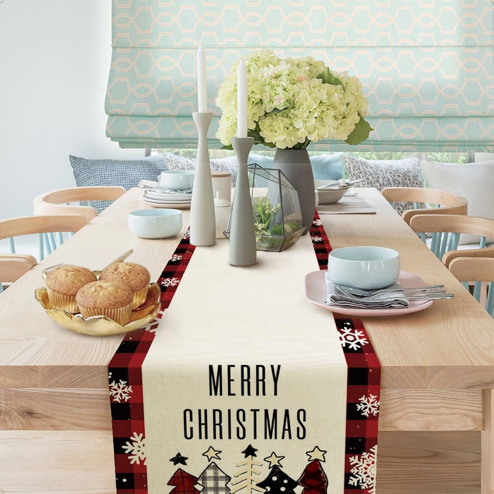 Camino de mesa de Navidad con copos de nieve de búfalo rojo y negro, decoración de mesa de comedor para interiores y exteriores, decoración de