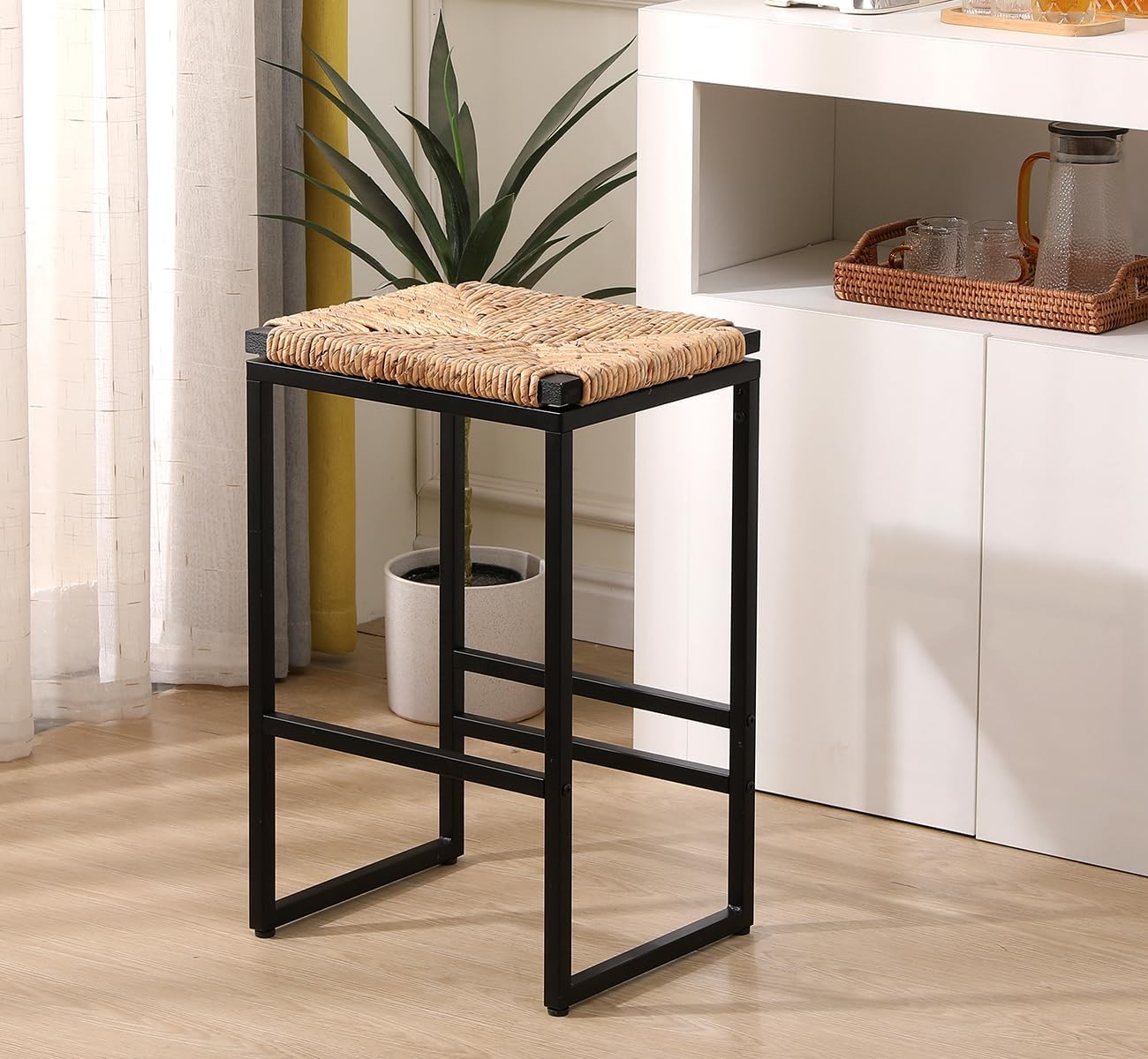 Taburetes de bar de altura de mostrador, taburetes de barra de 25 pulgadas, taburetes de bar tejidos de jacinto de agua, juego de 2, silla de isla