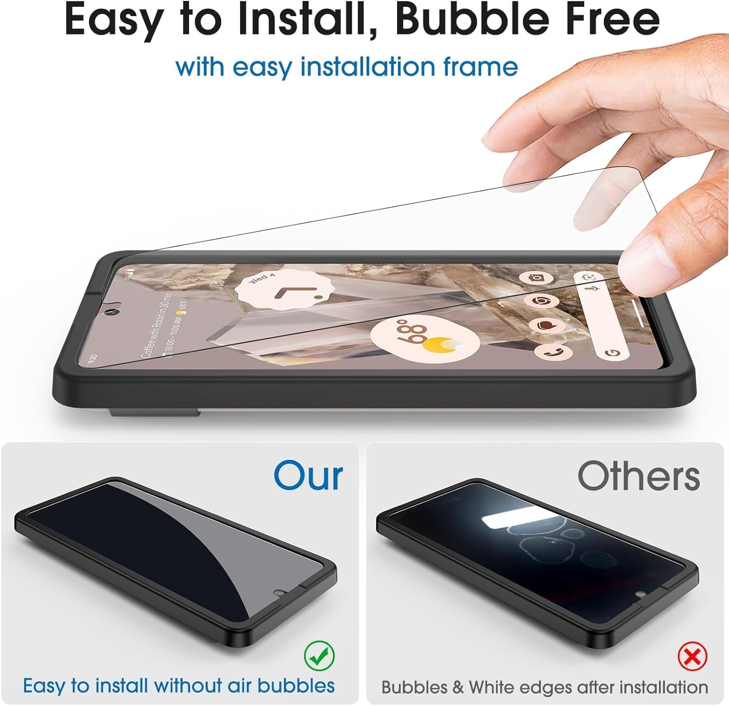 amFilm Protector de pantalla de vidrio templado para Google Pixel 8 Pro, compatible con huellas dactilares ultrasónicas, con marco de fácil