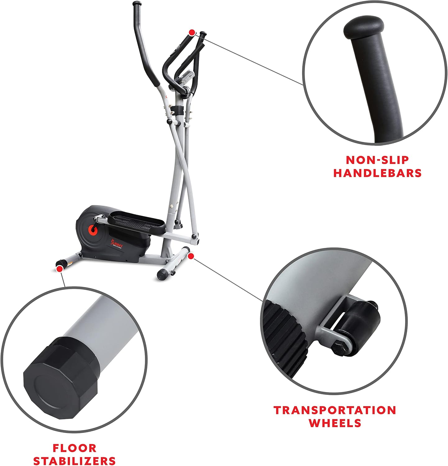 Sunny Health & Fitness Máquina elíptica magnética con monitor de rendimiento LCD, sensor de pulso, estabilizadores de piso, bajo impacto,