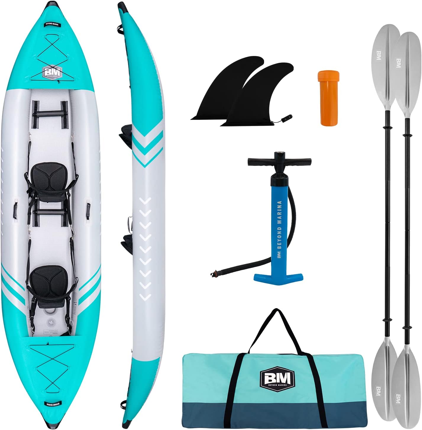 Kayak inflable para 2 personas para adultos  Kayak en tándem BEYOND MARINA con piso de puntada caída, kayak de turismo con paletas de aluminio,
