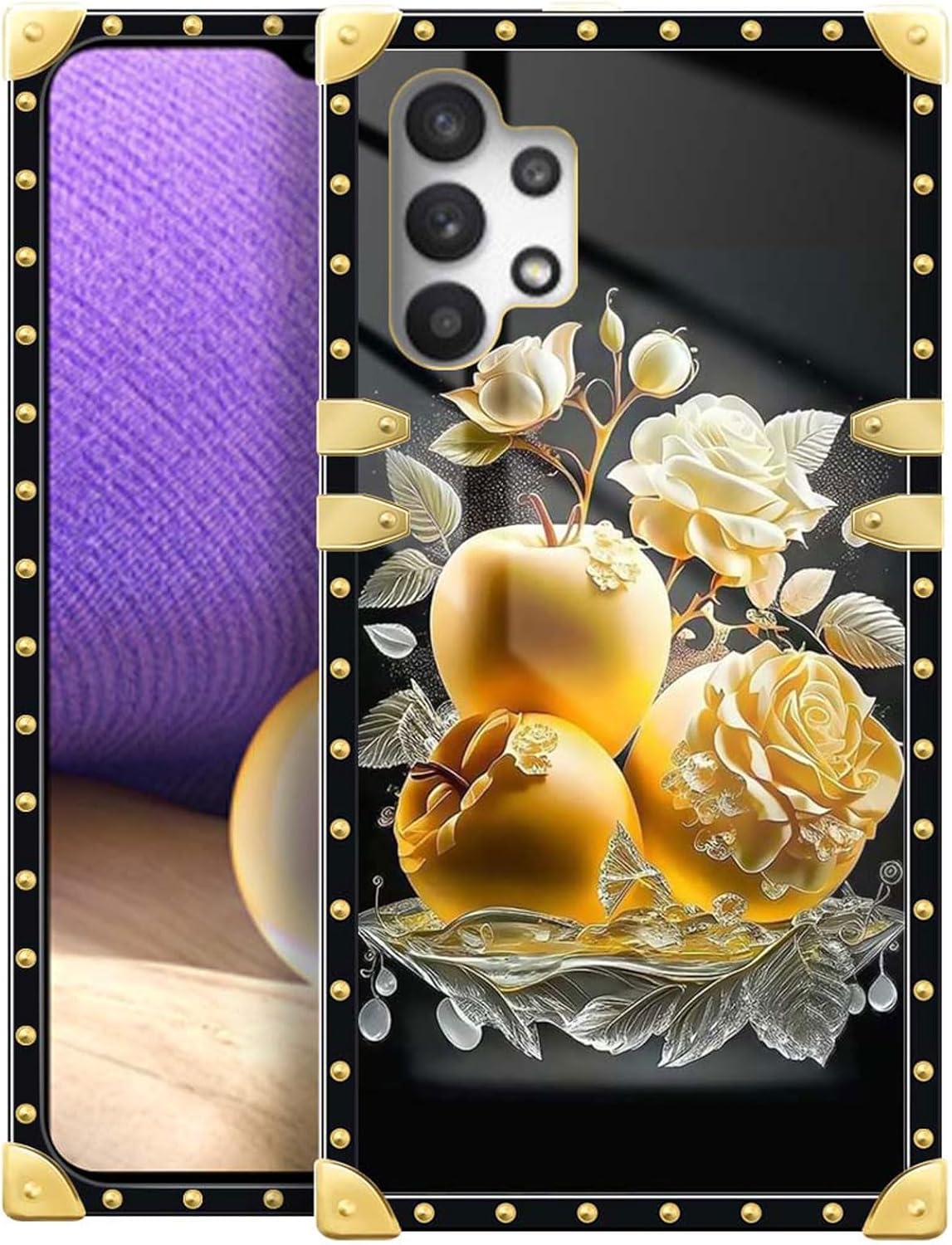 CARLOCA Funda para Samsung Galaxy A32 5G, rosa dorada y fruta de la paz mejora tu estilo con la funda dorada de lujo a prueba de golpes compatible