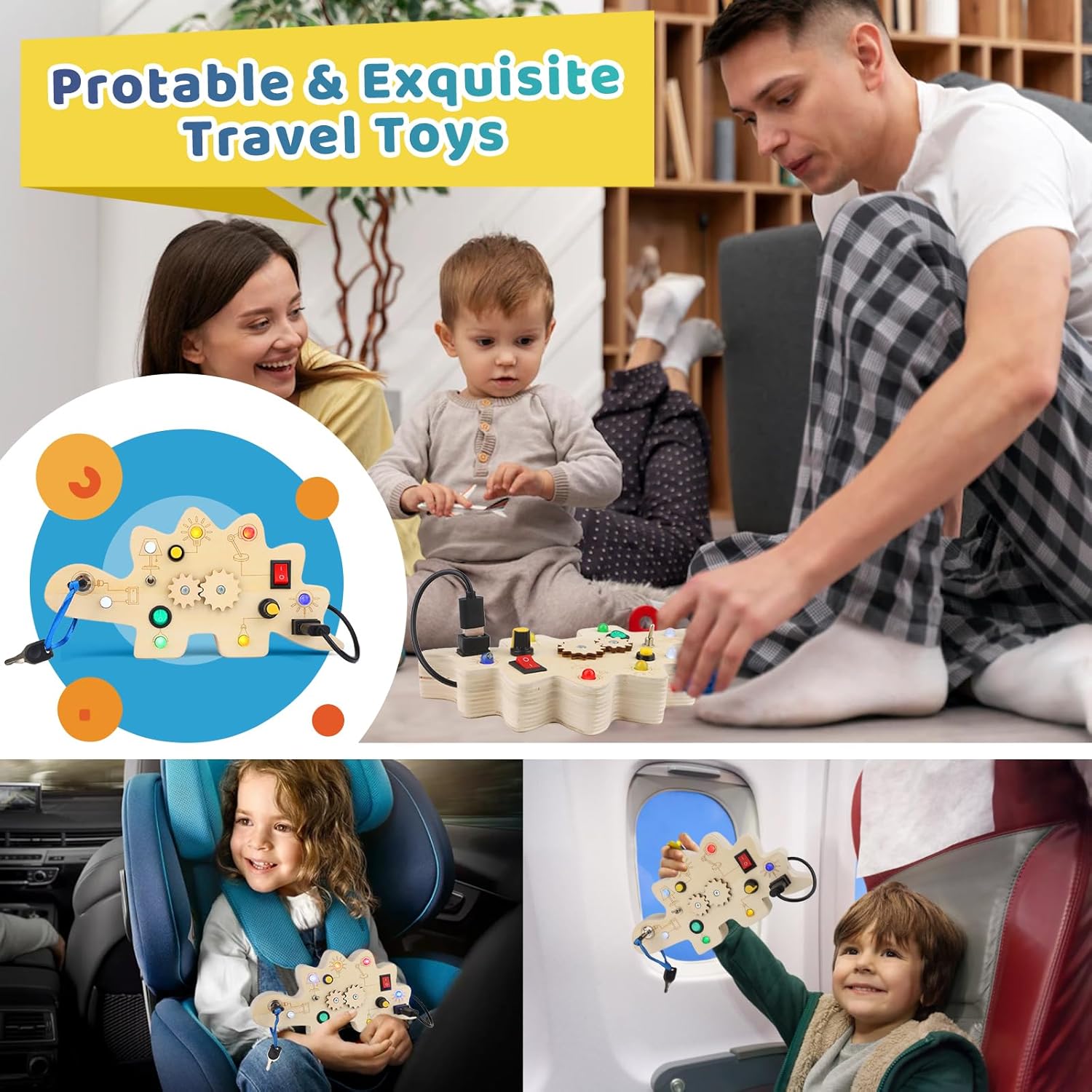 Montessori – Tablero de actividades de viaje de madera para bebés de 1, 2, 3, 4 años, aprendizaje temprano, dinosaurio de madera sensorial con