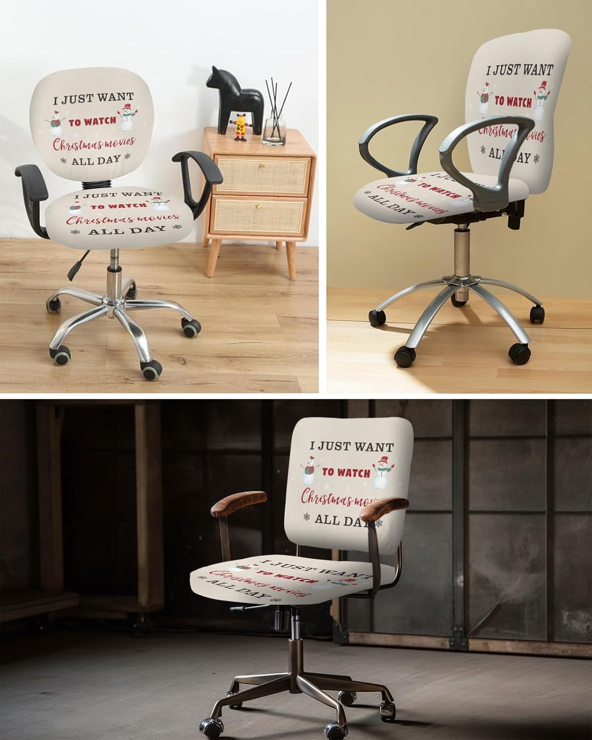 Savannan Computer Office Chair Covers,I Just Want to Watch Christmas Movies All Day Snowman Snowflake Beige Stretchable Universal Chair Cover