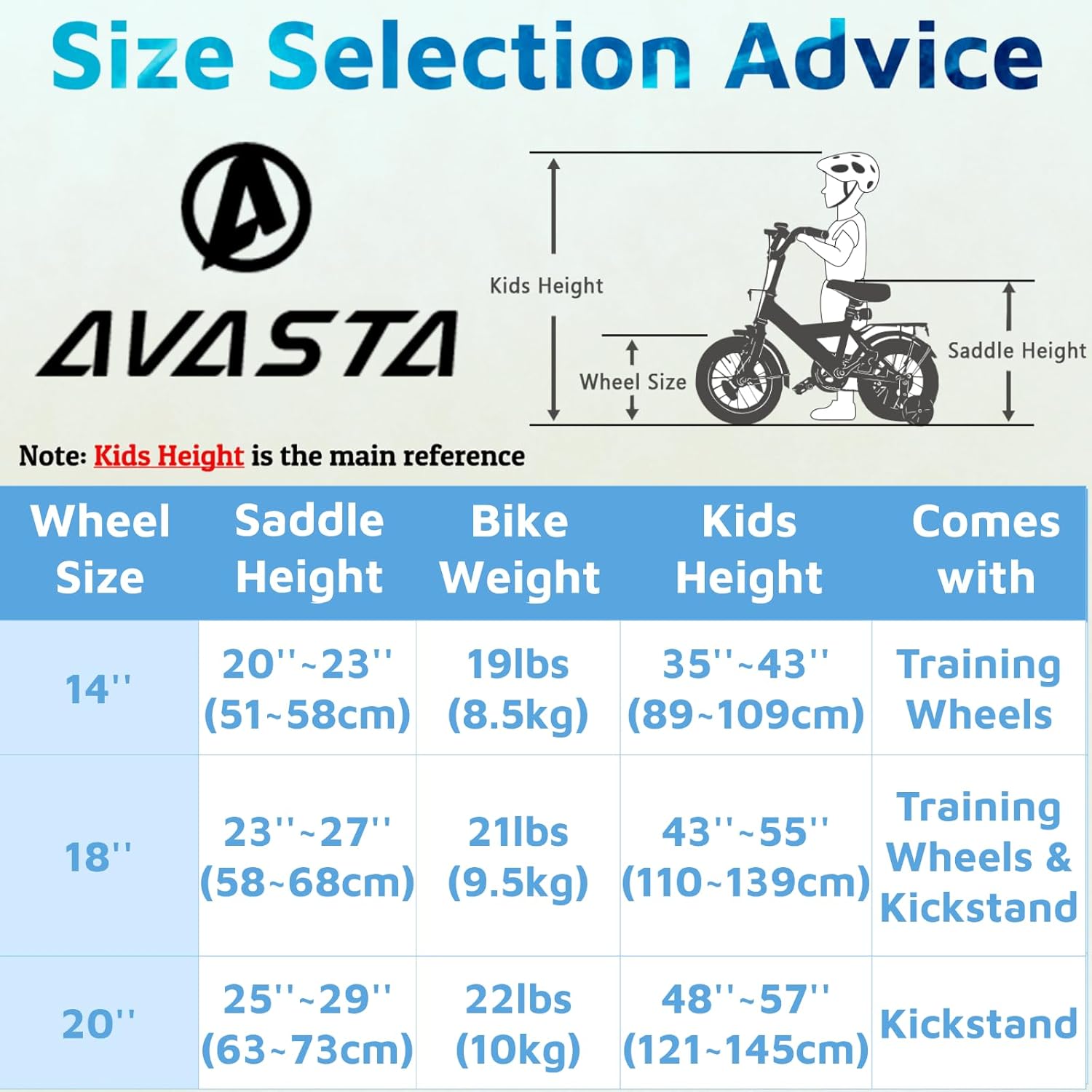 AVASTA Bilbo – Bicicleta infantil de 14, 18, 20 pulgadas, para niños de 3 a 10 años, con soporte y doble freno de mano, asiento ajustable, varios