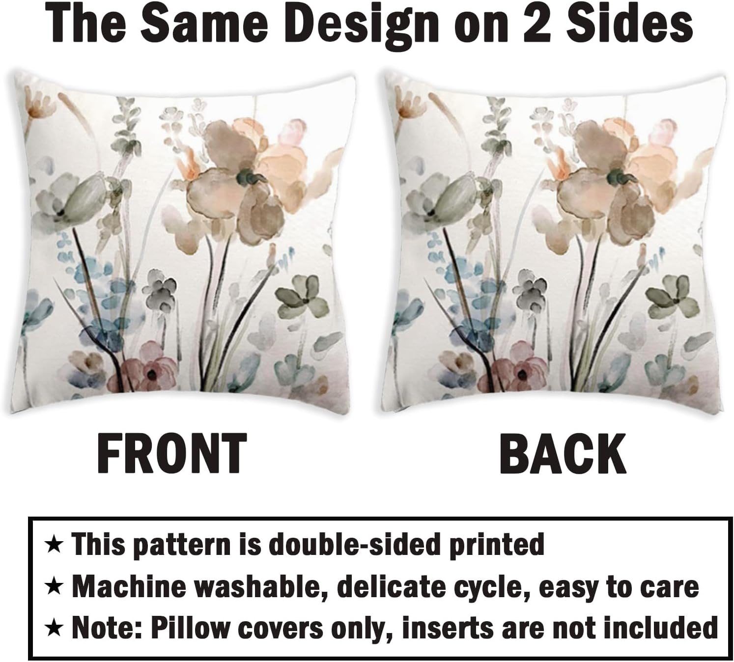 Juego de 2 fundas de almohada florales de 18 x 18 pulgadas, fundas de cojín florales de acuarela verde azulado, marrón, crema y gris, fundas de