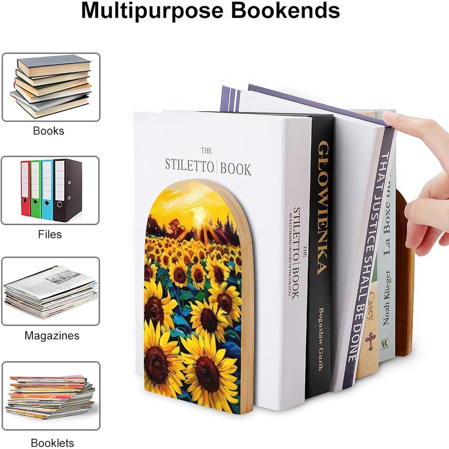 Sujetalibros de madera resistente para estantes de pintura al óleo de girasoles para estantes, antideslizantes, resistentes, decorativos, para el
