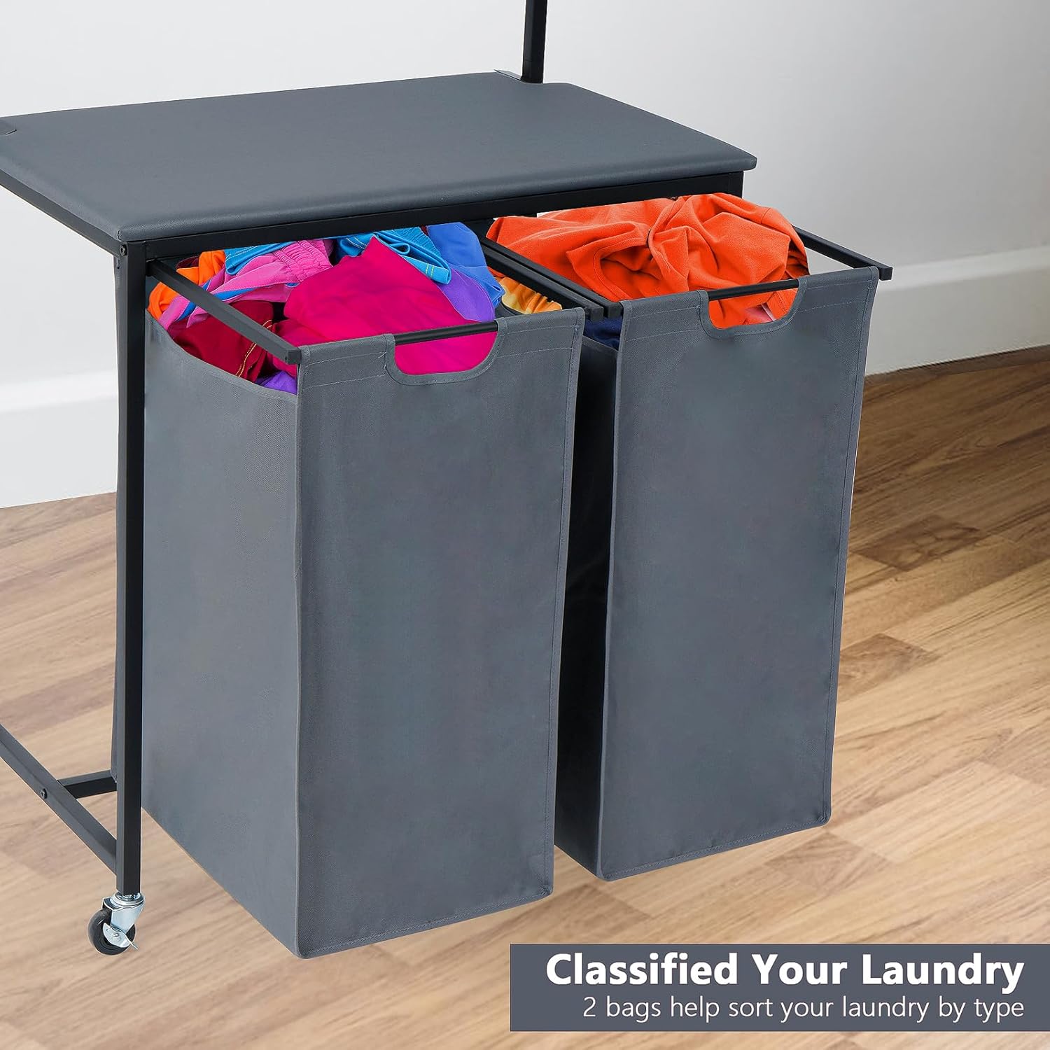uyoyous Clasificador de ropa sucia con tabla de planchar, carrito clasificador de ropa sucia resistente de 2 secciones con riel para ropa, forros