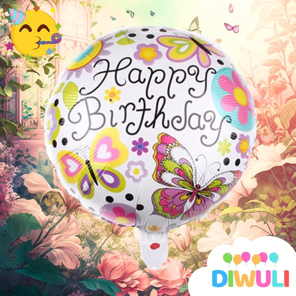 DIWULI Globo de mariposa de feliz cumpleaños  Globo de feliz cumpleaños, globo de papel de aluminio redondo para niños, cumpleaños, niña, niño,