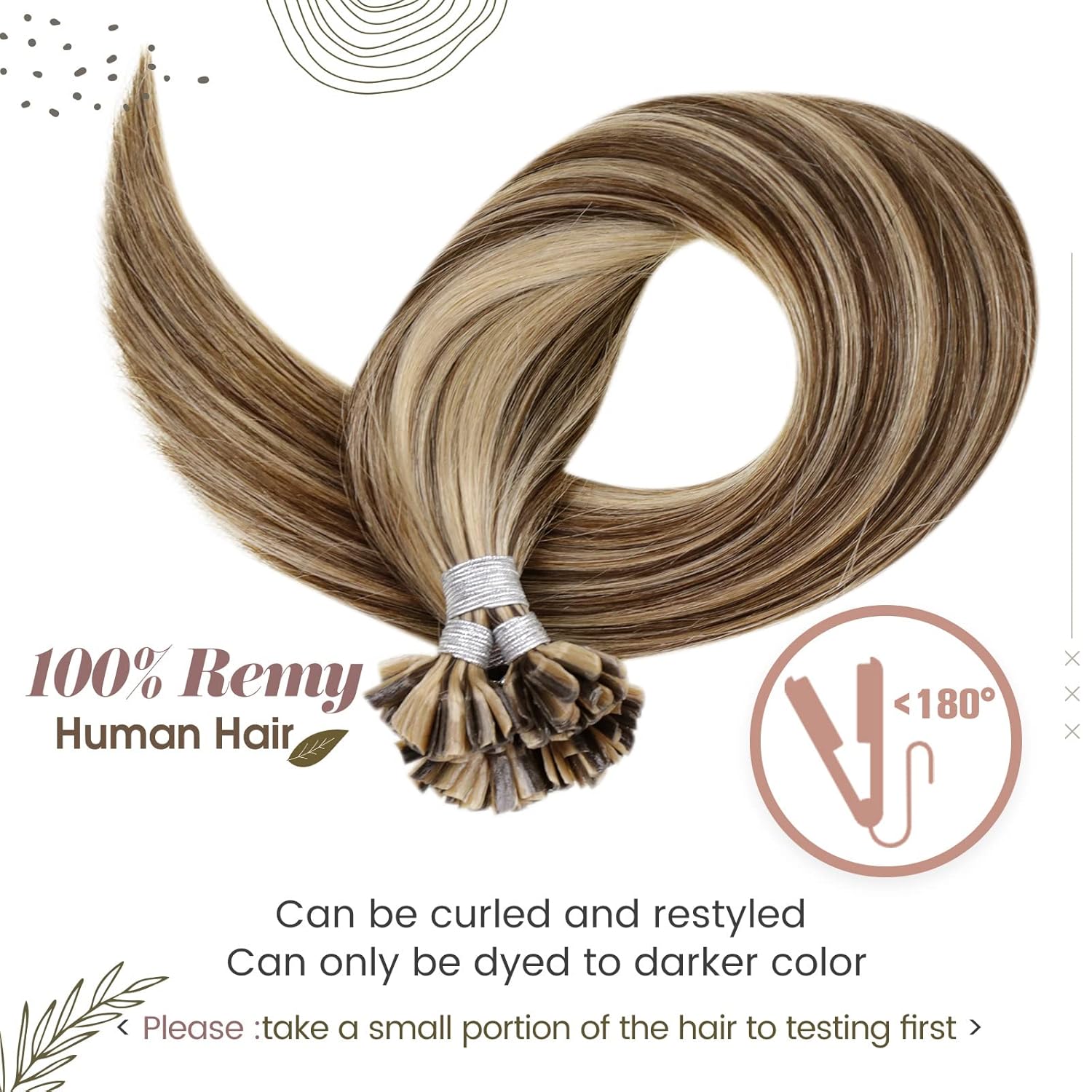 Hetto Extensiones de cabello humano con queratina en U Tip #427, color castaño con reflejos rubio miel, extensiones de cabello humano con punta en