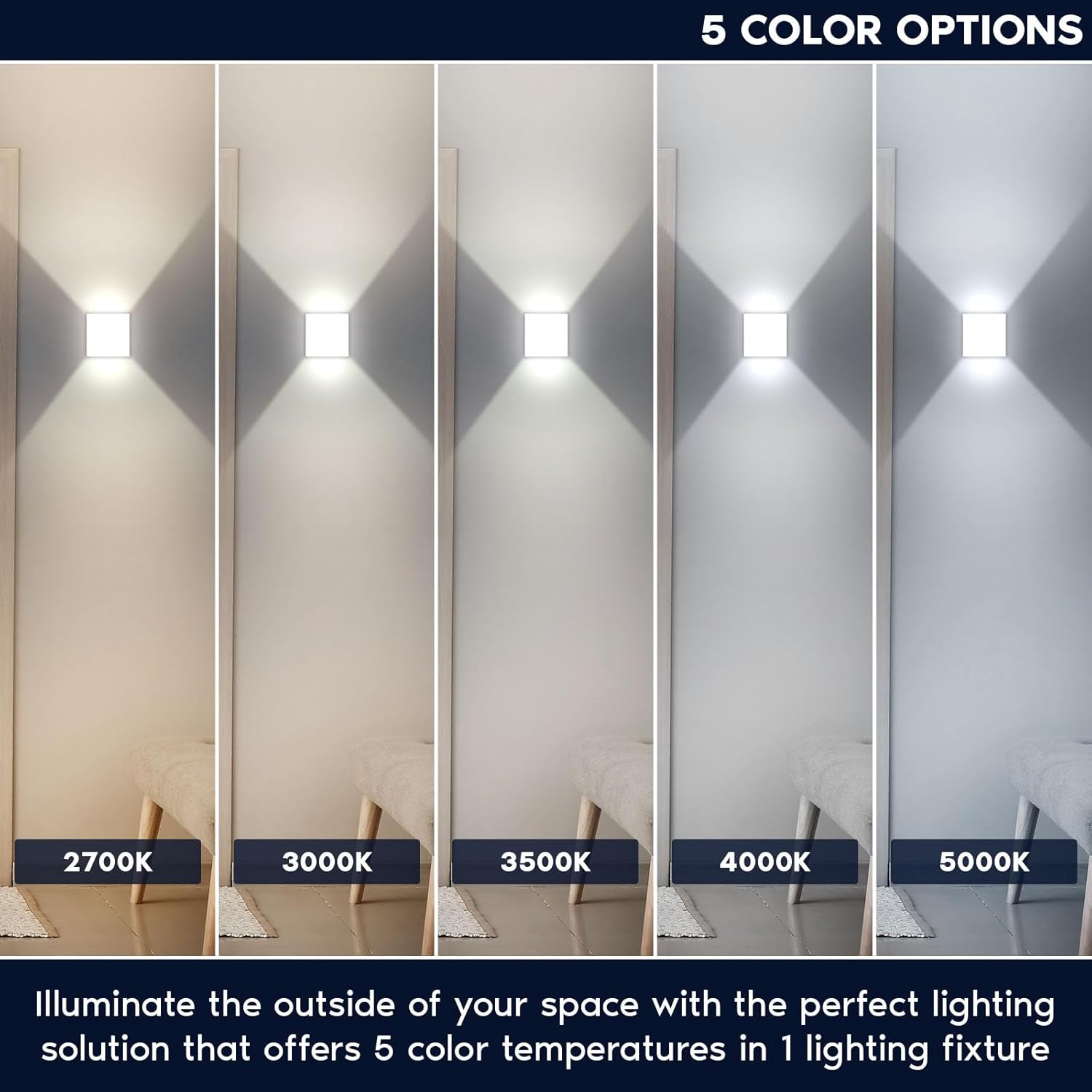LUXRITE Aplique de pared cuadrado LED arriba y abajo, metal, 5CCT 2700K  3000K  3500K  4000K  5000K, moderna lámpara de pared para interiores y