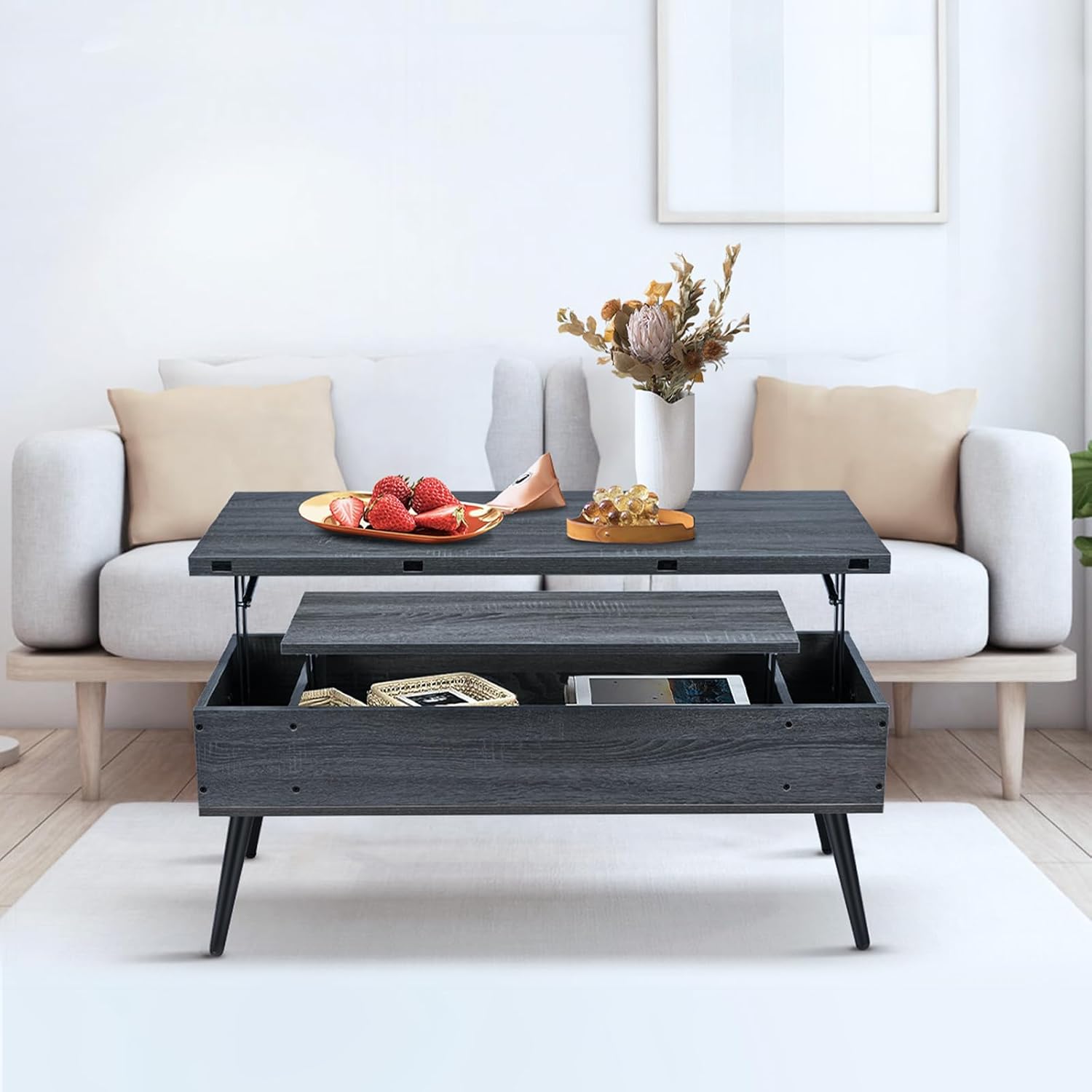 Mesa de centro elevable de 41.7 pulgadas, mesa de elevación multifunción 3 en 1 con almacenamiento, mesa de centro se convierte en mesa de comedor