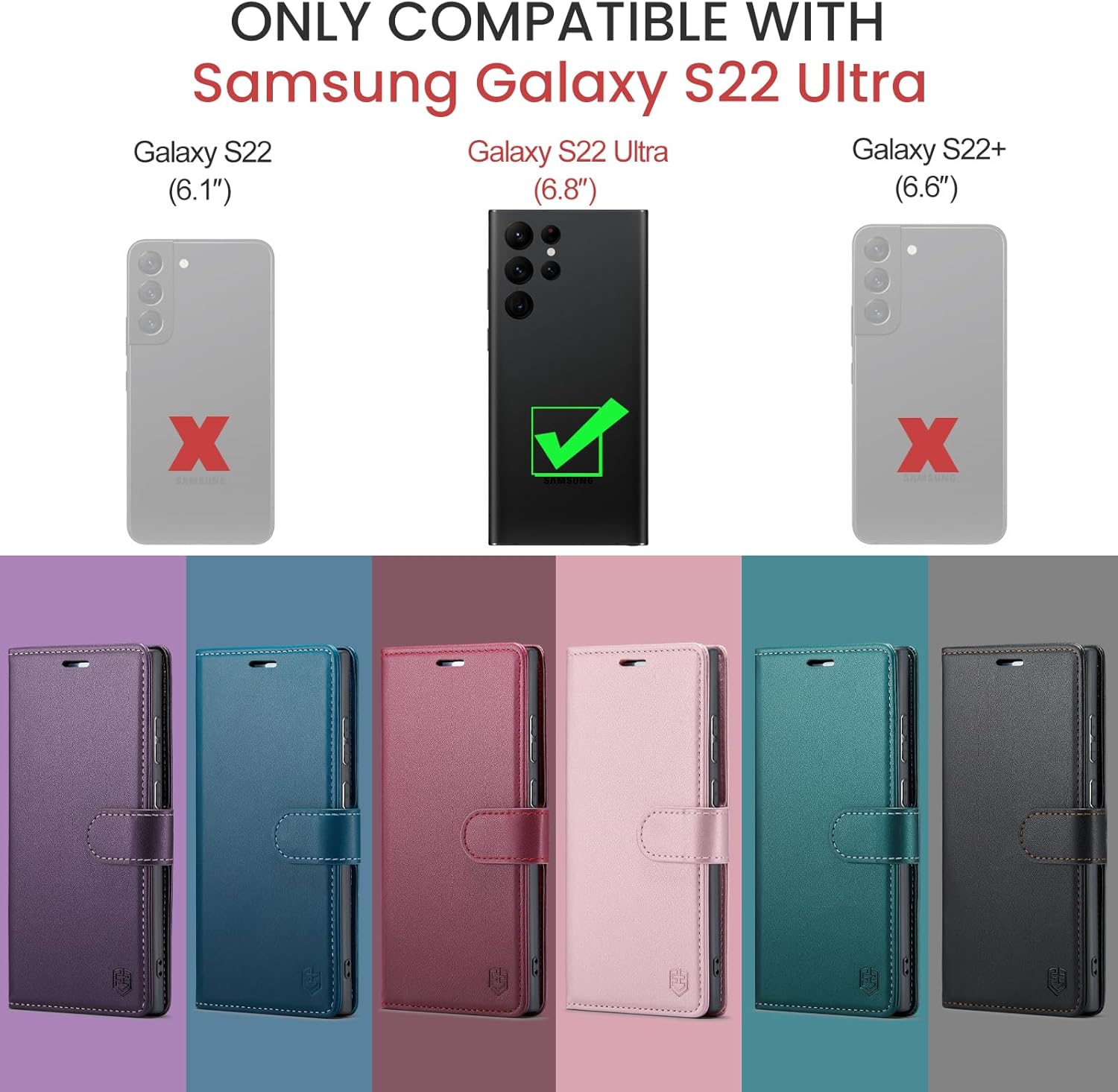 Funda tipo cartera para Samsung Galaxy S22 Ultra con bloqueo RFID, soporte para tarjeta de crédito, de piel sintética, función atril, funda