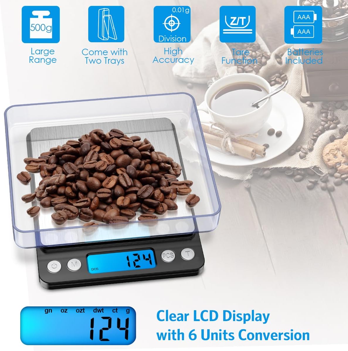 Báscula digital de cocina, 17.64 oz0.00 oz, báscula de joyería de bolsillo con pantalla LCD retroiluminada, 6 unidades de apagado automático de tara