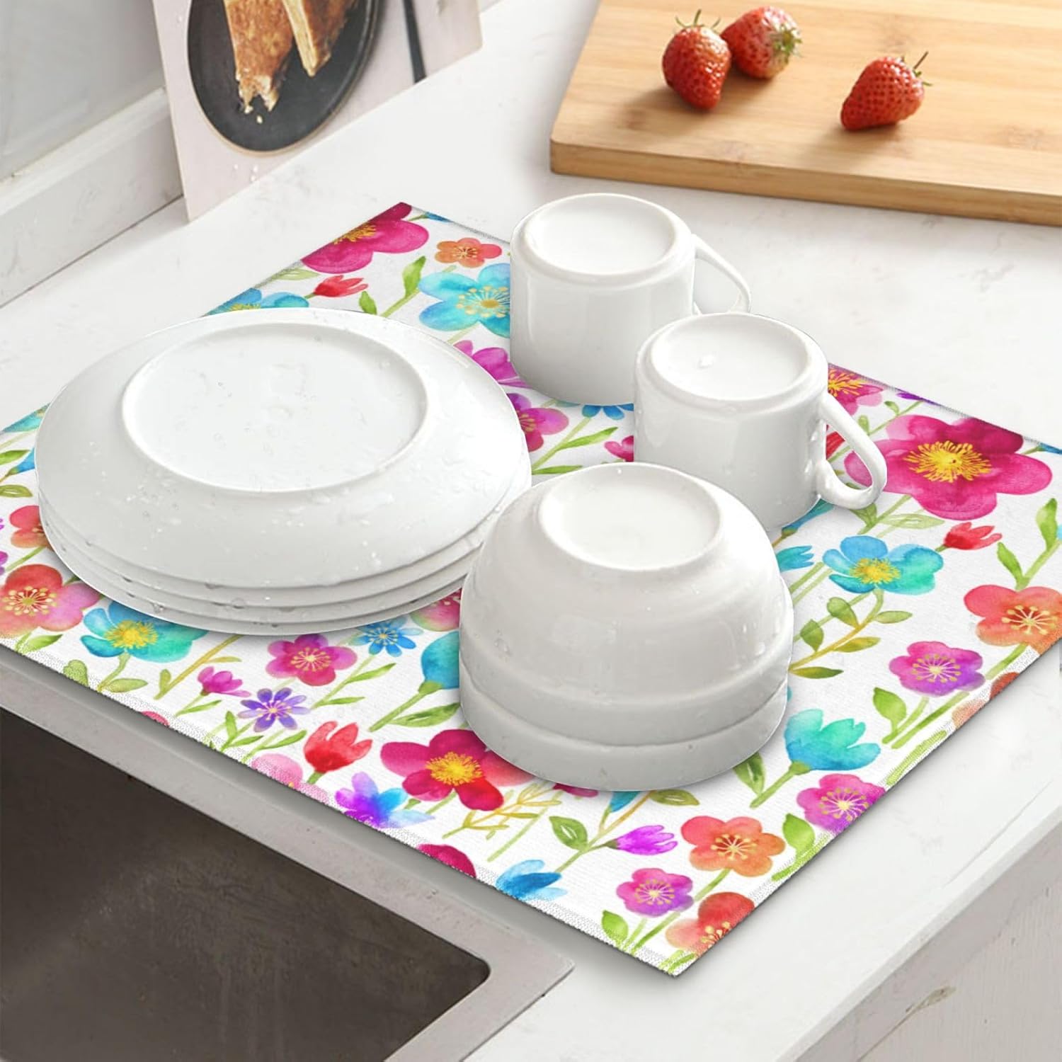 Tapete de secado de platos floral, tapetes reversibles de microfibra absorbente para encimera de cocina, 16 x 18 pulgadas