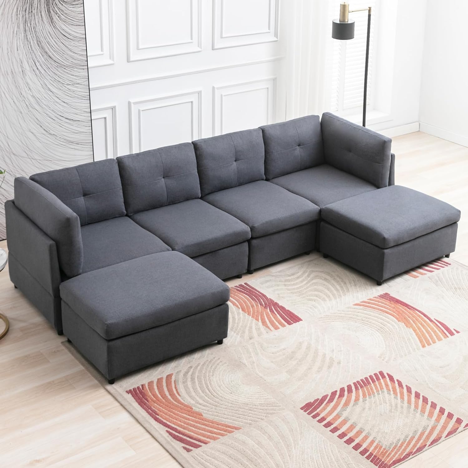 FRETSAE Sofá modular seccional, sofá convertible en forma de U con otomanas extraíbles, diseño capitoné, sofá modular de 6 asientos para sala de