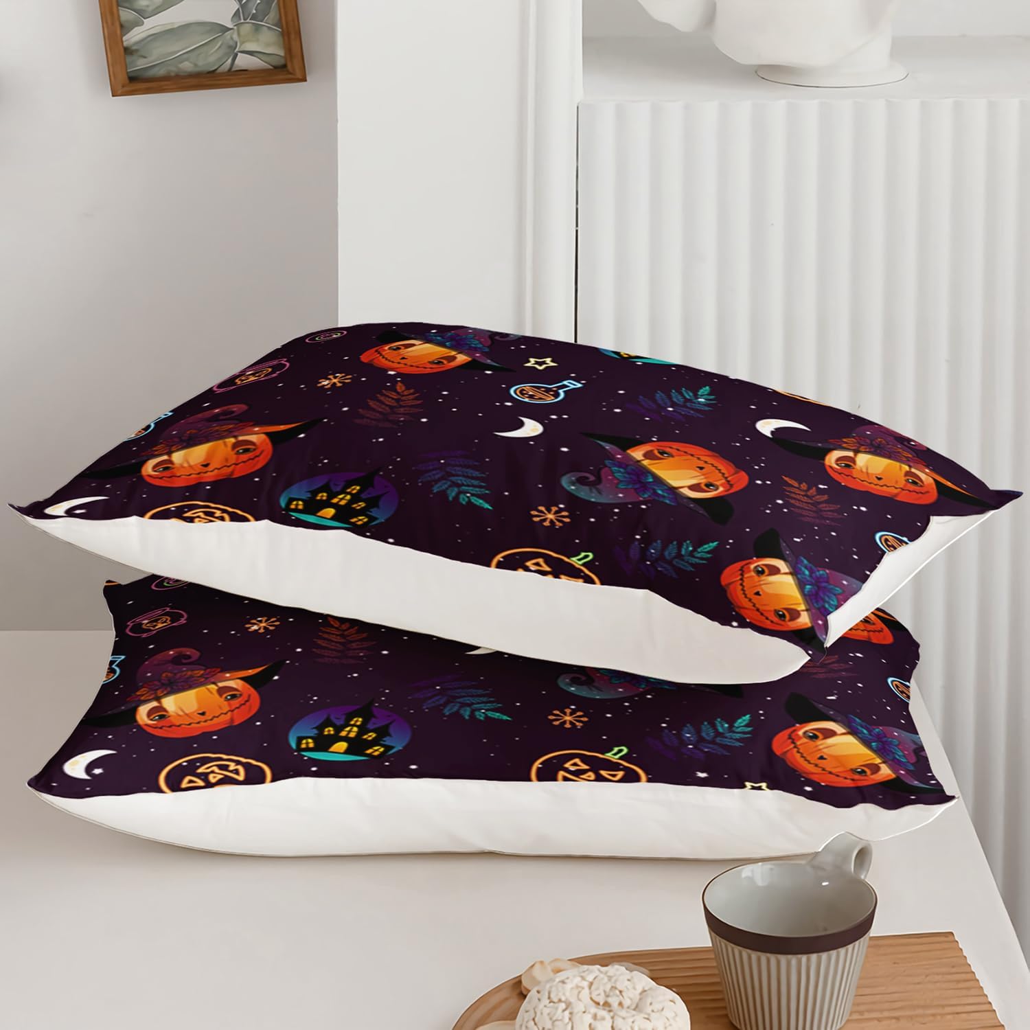 AILONEN Juego de funda de edredón de Halloween, tamaño Queen, juego de ropa de cama de calavera de calabaza mágica, juego de funda de edredón con