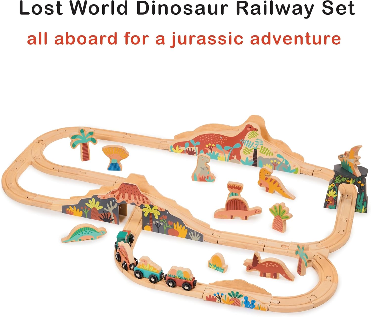 Lost World – Juego de ferrocarril temático de dinosaurios con pistas y accesorios, madera, juego creativo, imaginativo, juguete interactivo