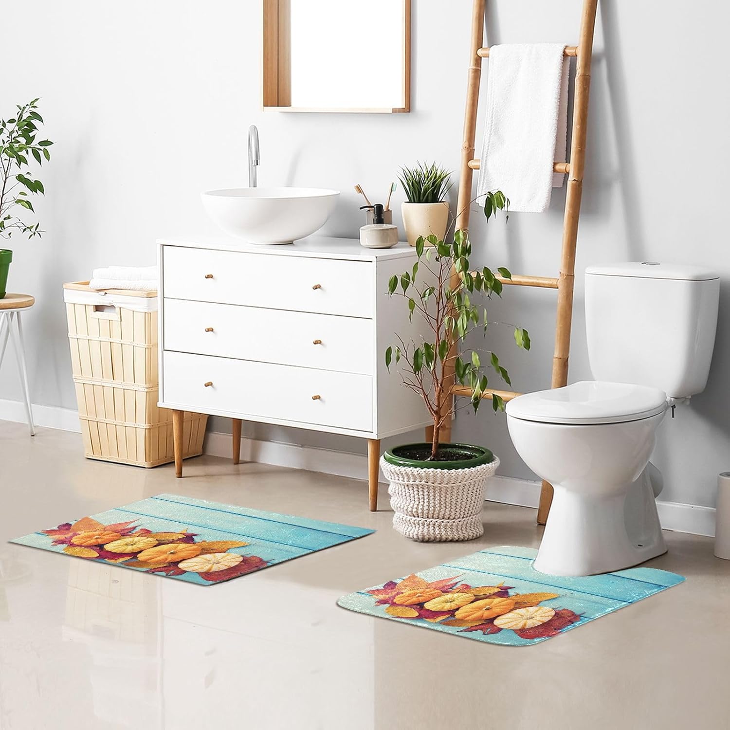 Bathroom Rugs Sets 2 Piece 24×16+24×20 Inch,Soft U-Shaped Contour Toilet Rug Pumpkin Maple Leaf Non-Slip Absorbent Bath Floor Mat Carpet Set Water
