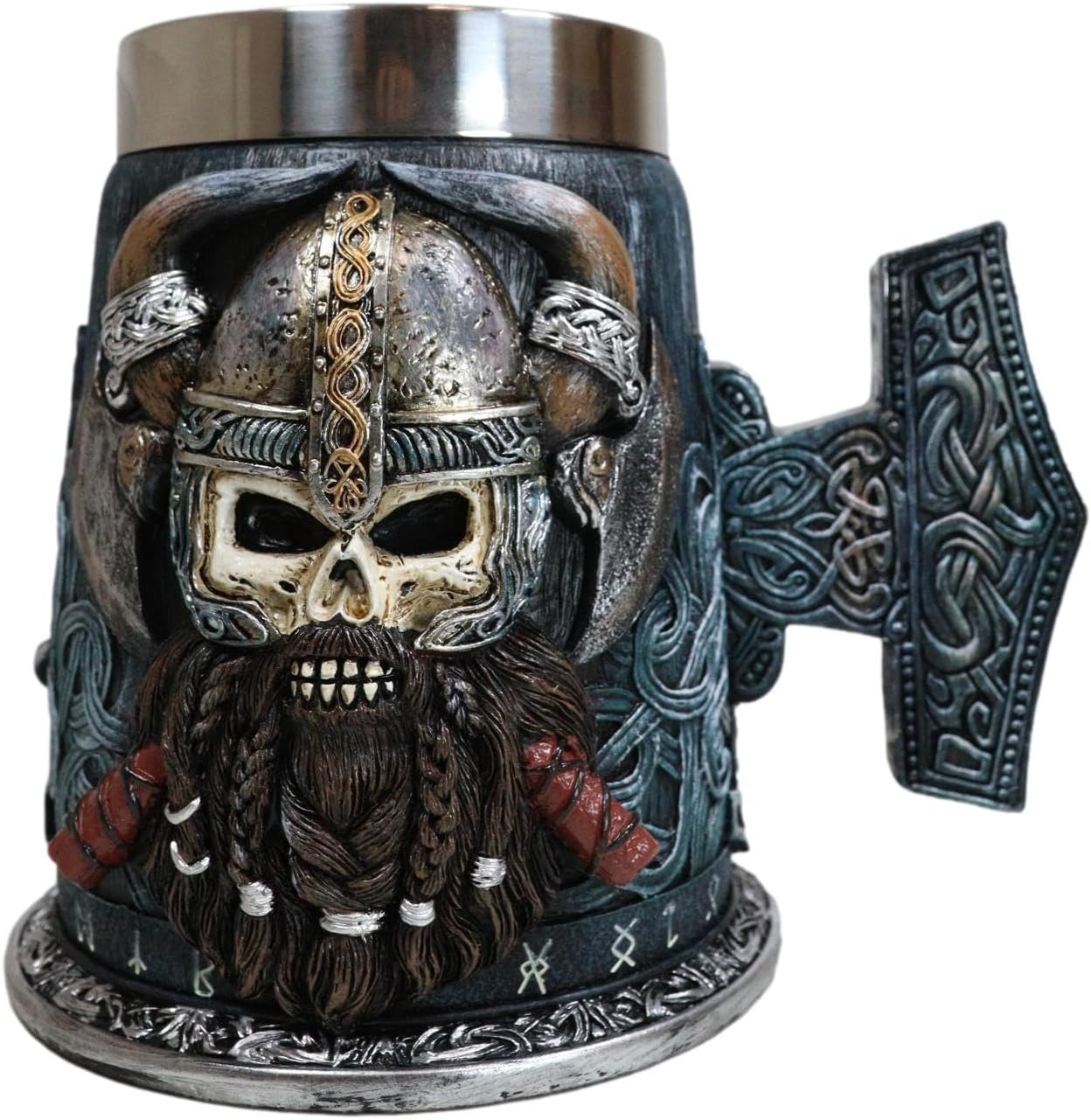 Ebros Gift Mitología nórdica gótica vikinga cráneo Ragnar Danegeld Warrior con casco de cuernos taza de café con martillo runa mango de nudos, taza
