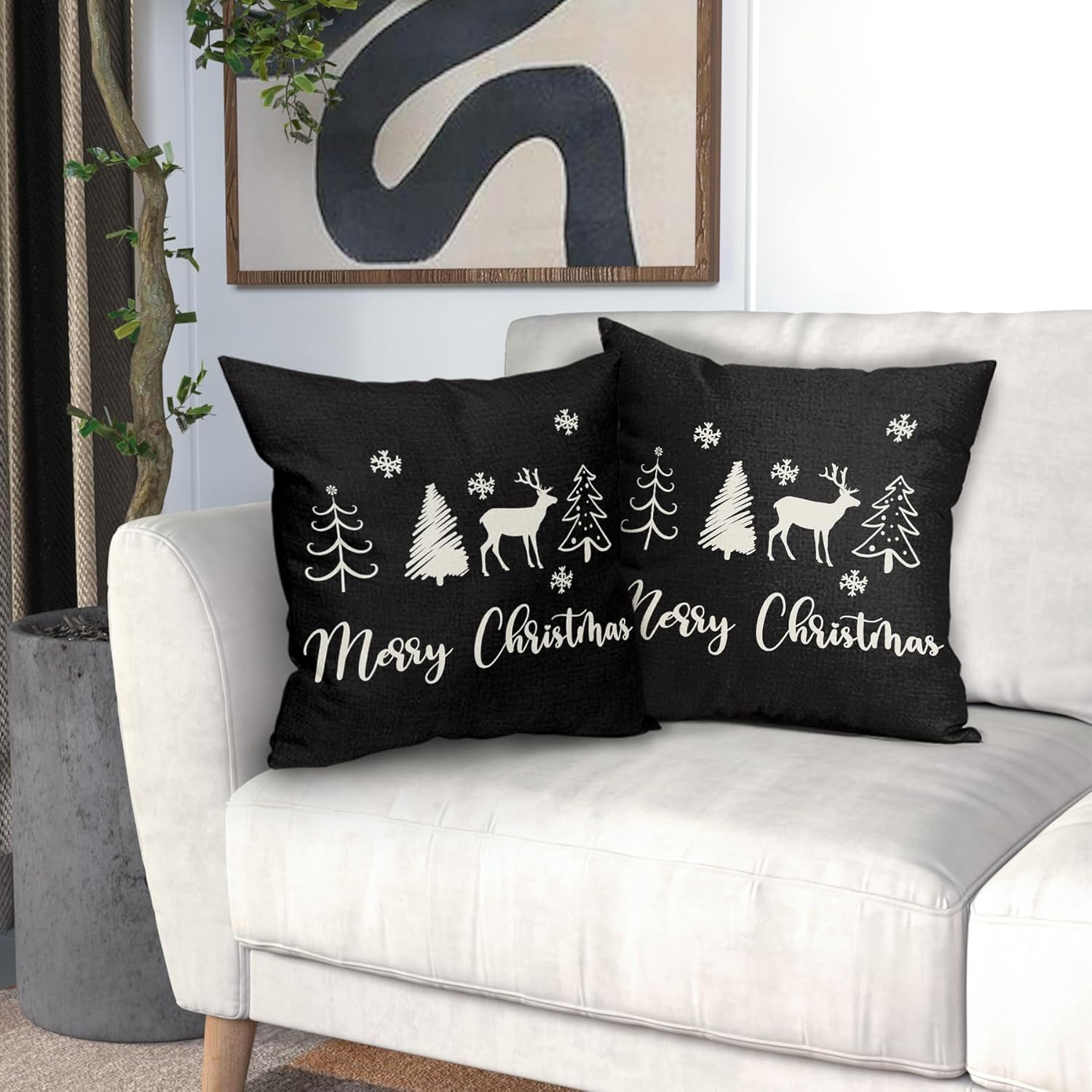 Juego de 2 fundas de almohada de Navidad negras de 18 x 18 pulgadas, diseño de árbol de ciervo, copos de nieve, fundas de almohada decorativas de