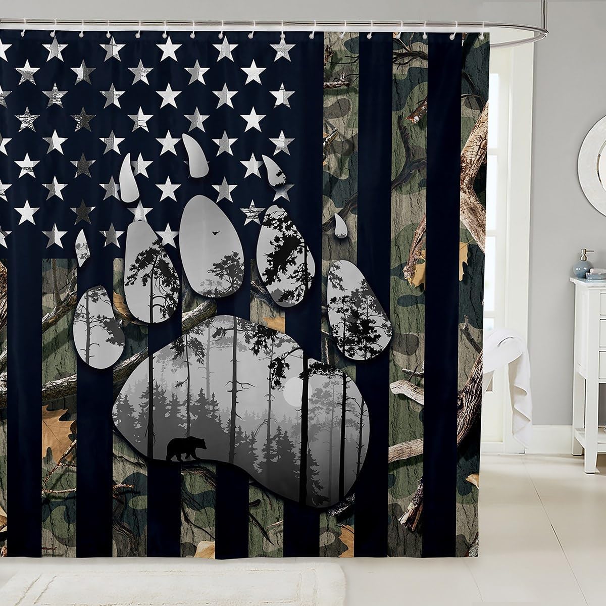 Cortina de ducha con bandera americana, estampado de patas de oso y animales salvajes, cortina de baño para niños y niños, cortina de baño