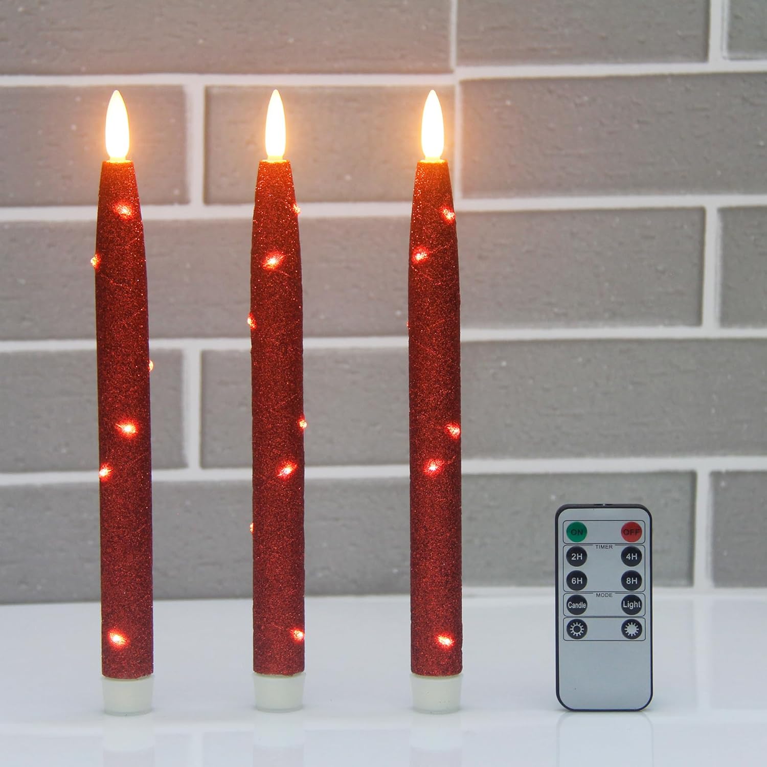 Velas LED sin llama con cuerda de luz de estrellas incrustada, con temporizador remoto, llama parpadeante 3D, velas cónicas falsas para ventana,