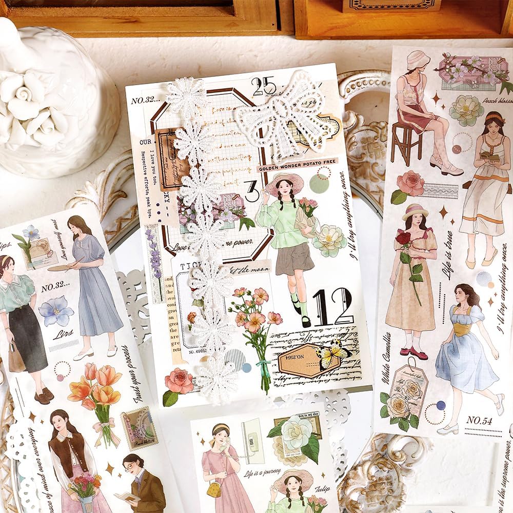 Dwpetzo Calcomanías para álbumes de recortes para diario de viñetas, 24 hojas Morandi Girls Flowers Retro Aesthetic Stickers Set de calcomanías para