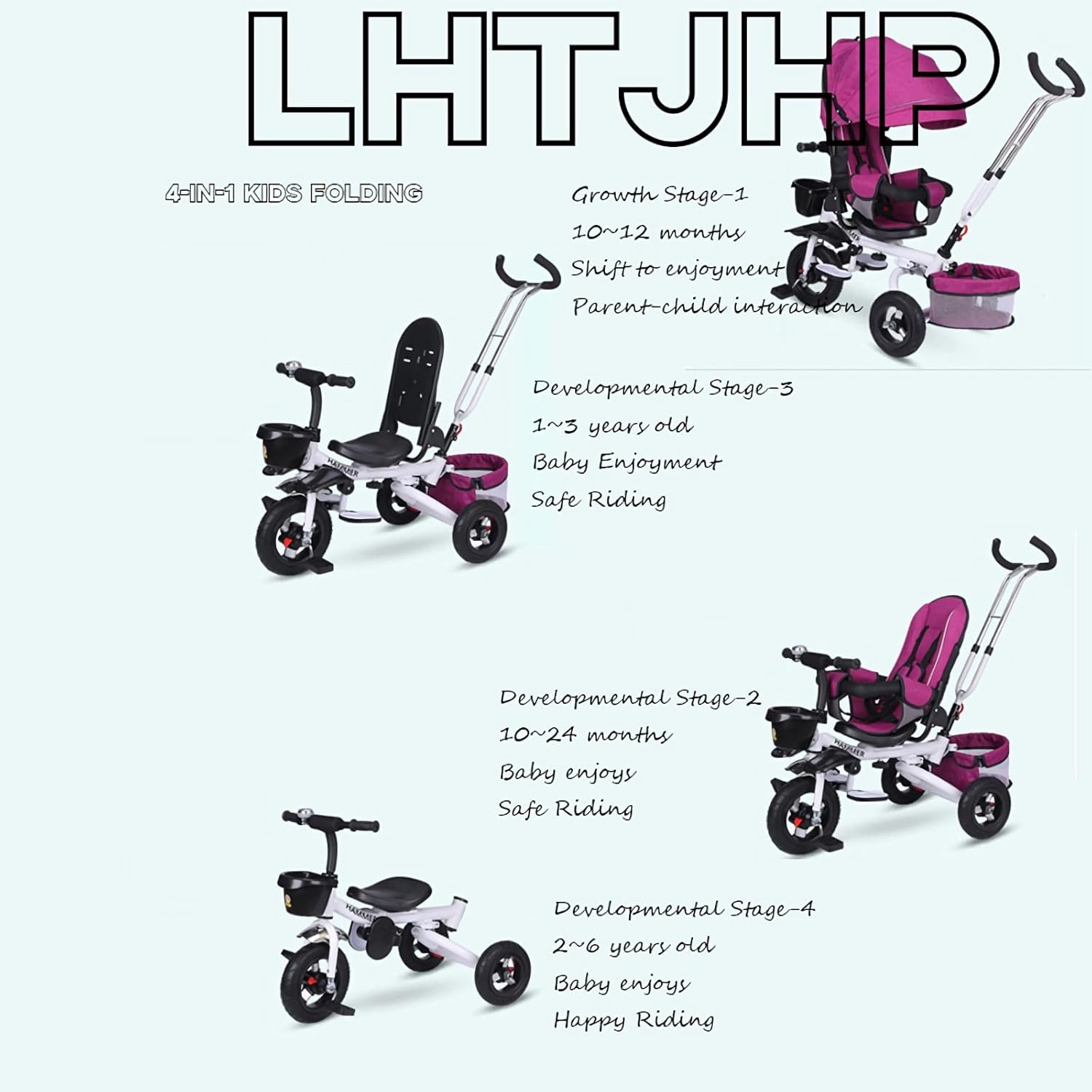 Triciclo para niños, triciclo para niños de 1 a 6 años, triciclo 4 en 1, triciclo plegable para niños con asa de empuje, toldo extraíble, asiento