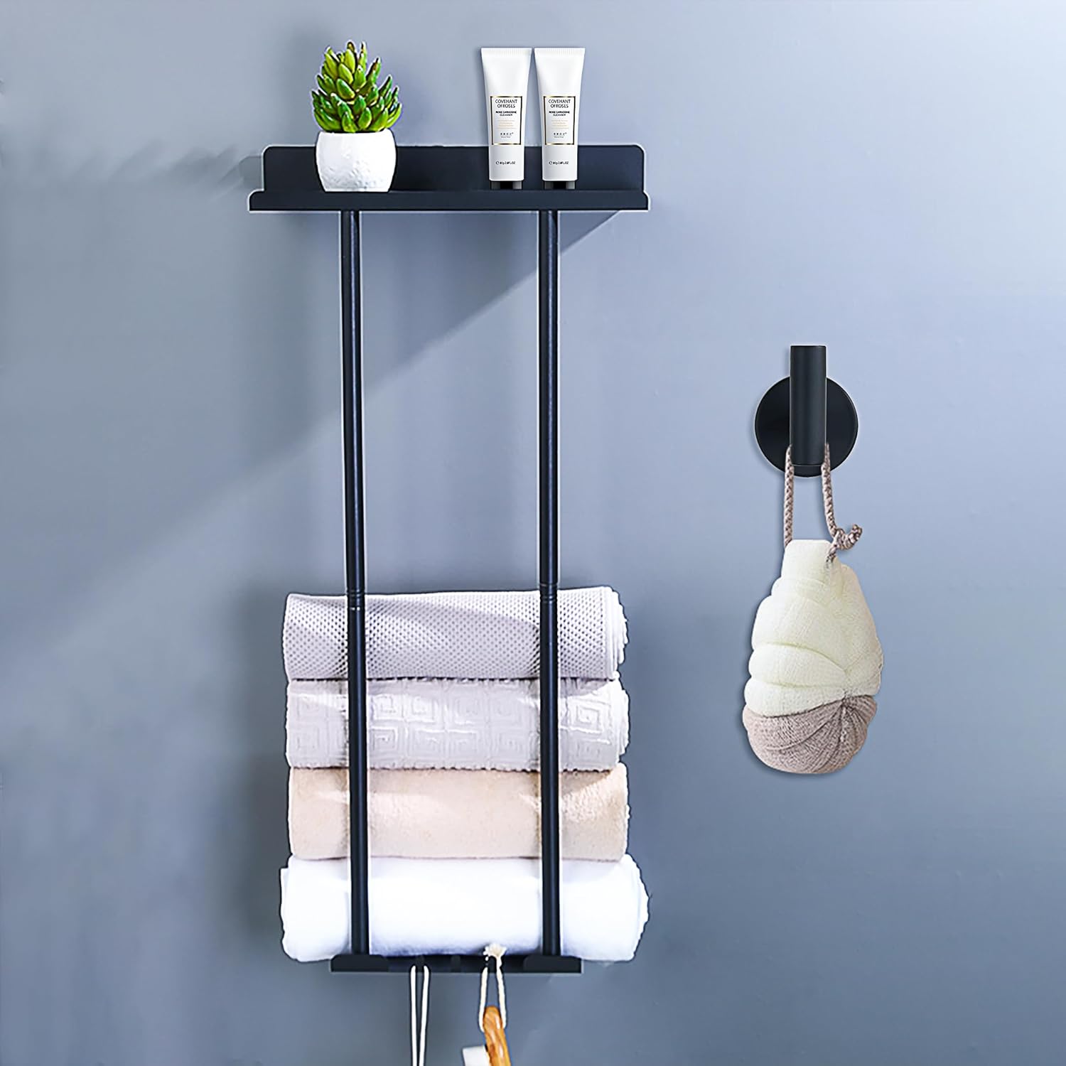 Toalleros para baño montados en la pared, toallero ajustable de 15-30 pulgadas con estante, 3 ganchos y para toallas enrolladas, almacenamiento de
