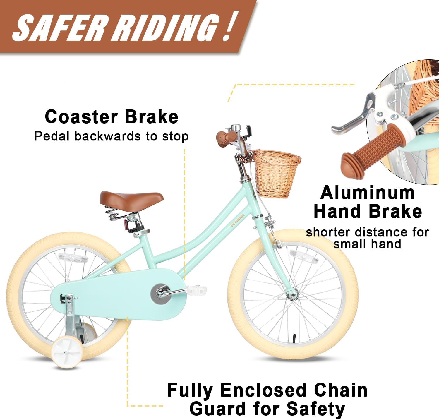 Petimini Bicicleta para niñas con cesta para niños de 2 a 12 años, bicicleta de 12, 14, 16, 18 y 20 pulgadas, con ruedas de entrenamiento de