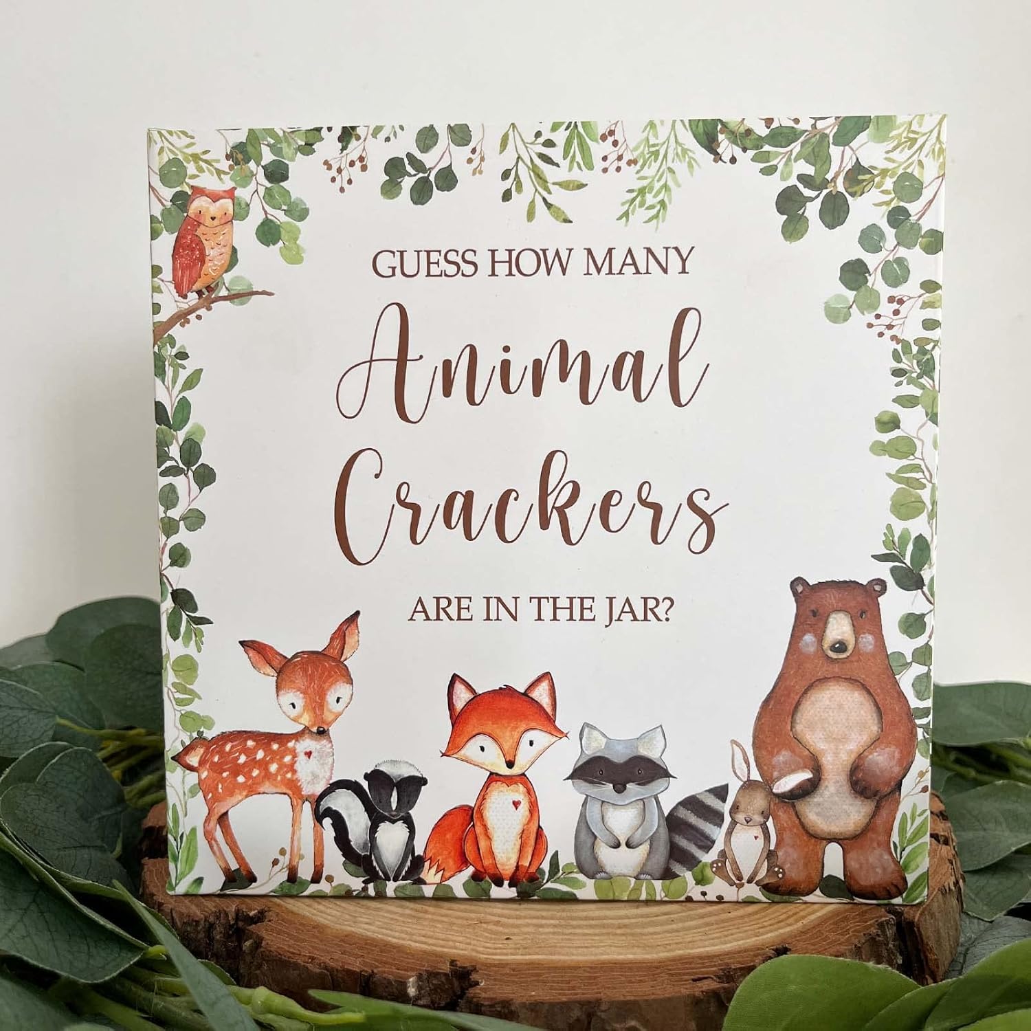 Woodland Guess How Many Animal Crackers – Juego de adivinanzas, caja de juego de adivinanzas para baby shower de bosque y oraciones para tarjetas de