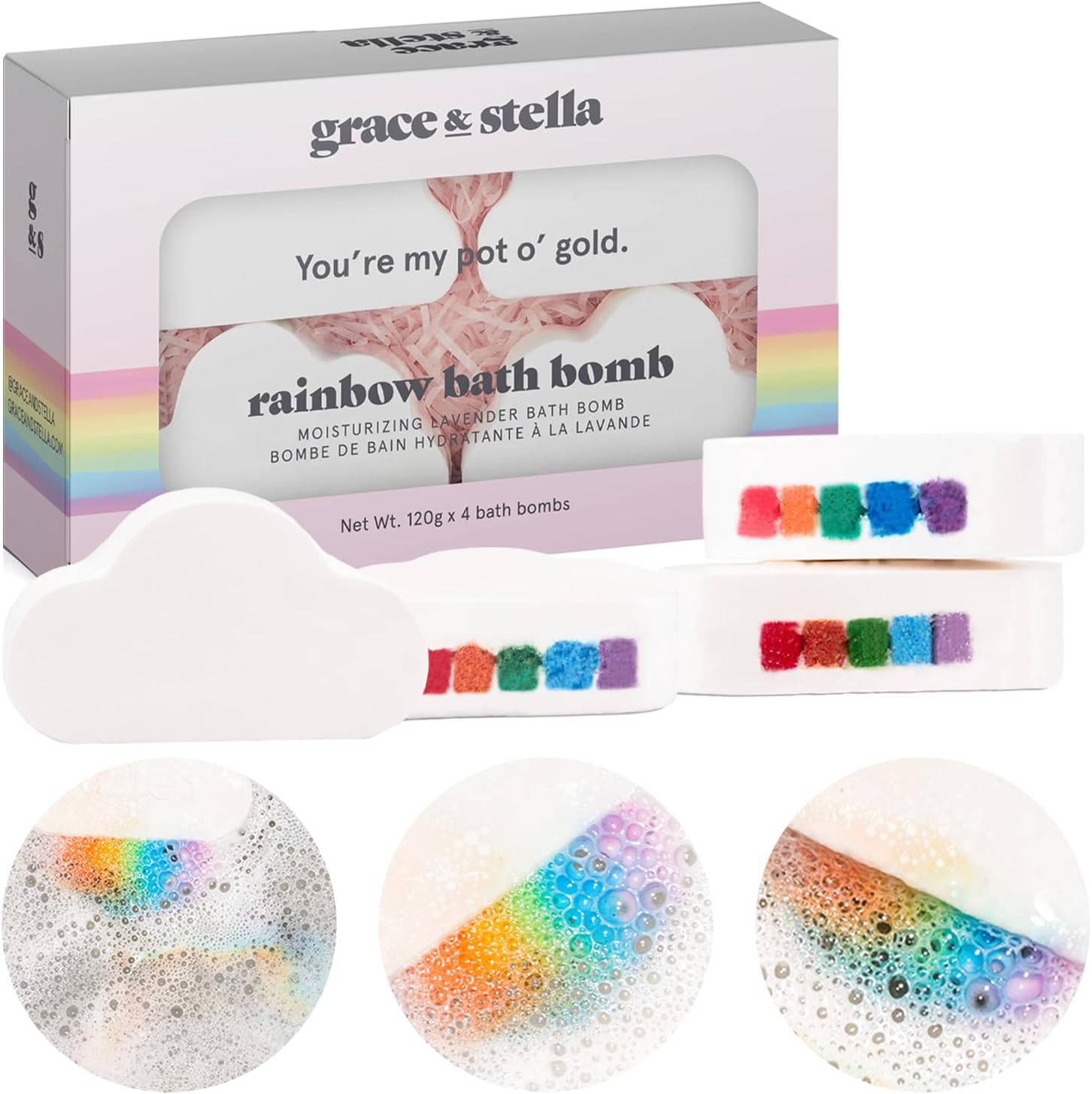 Grace & Stella Bombas de baño arcoíris para niños y niñas (paquete de 4) bombas de baño navideñas para niños, juego de bombas de baño veganas,