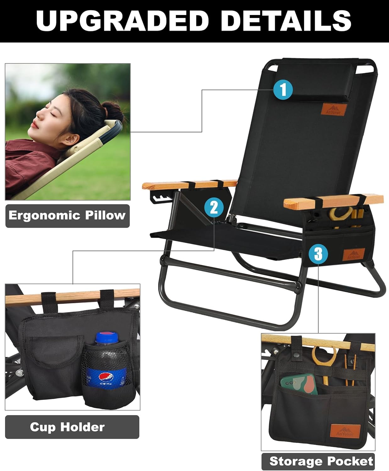 Silla de camping, silla compacta de 4 posiciones ajustables, silla plegable portátil, silla de playa con bolsillo lateral, reposacabezas, soporte