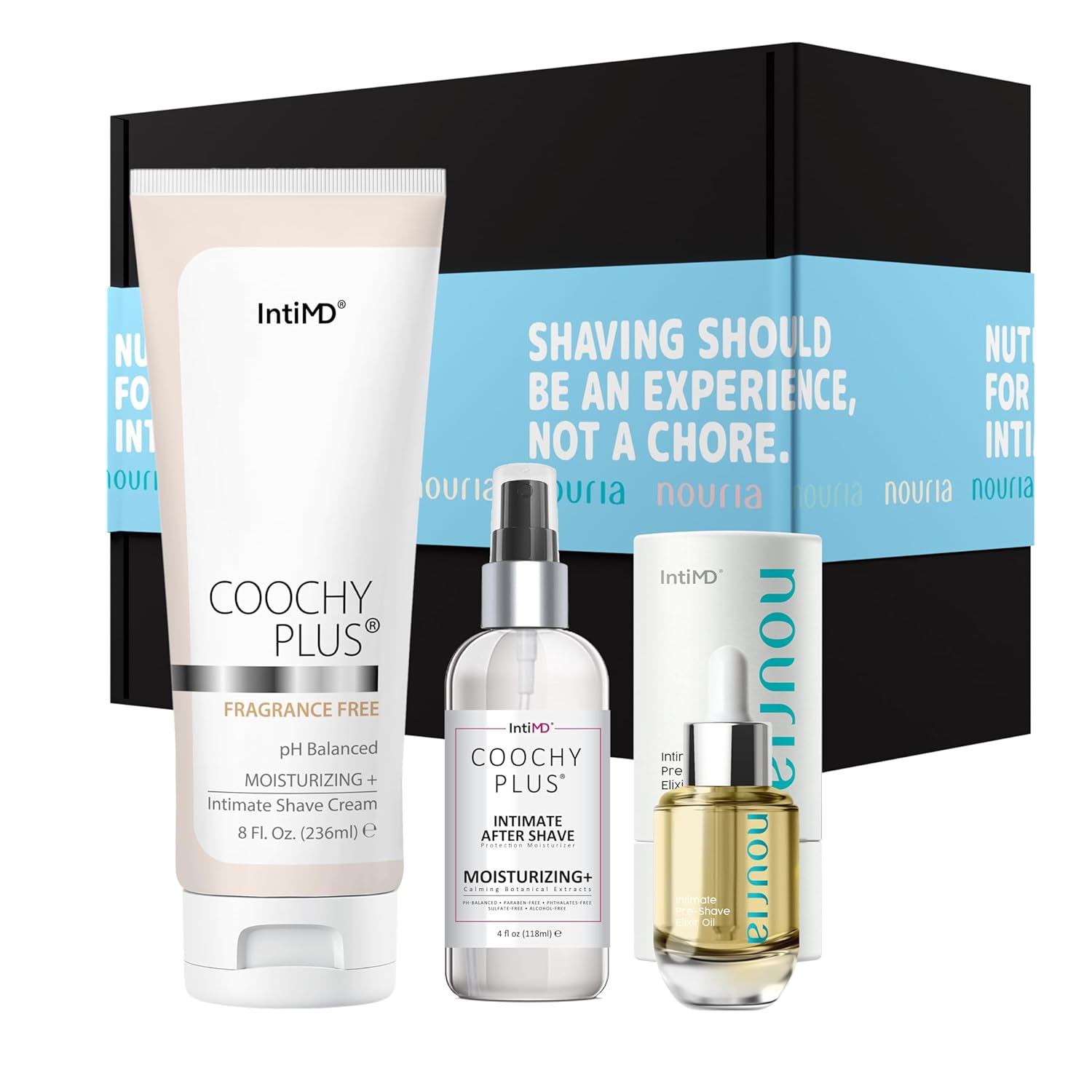 IntiMD Coochy Plus HydroLock Hidratante + Kit de 3 Pasos para Afeitado Íntimo Set de Regalo Nouria Pre-Shave Elixir Oil + Coochy Plus Crema de