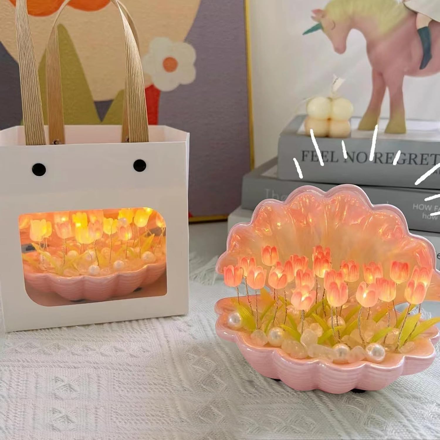 BestAlice Luz nocturna de tulipán, lámpara de flor de tulipán hecha a mano, lámpara de mesa de dormir de flores de simulación, luz LED romántica de