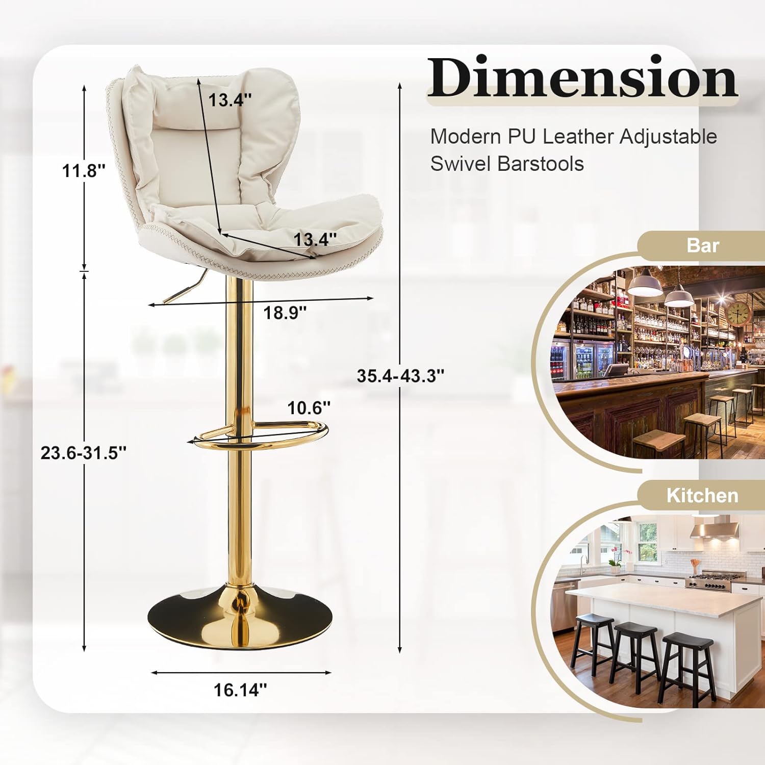 TUKAILAi Taburetes de bar de piel sintética con cojín de asiento tapizado de doble capa, taburetes de bar giratorios de 360, sillas de bar modernas