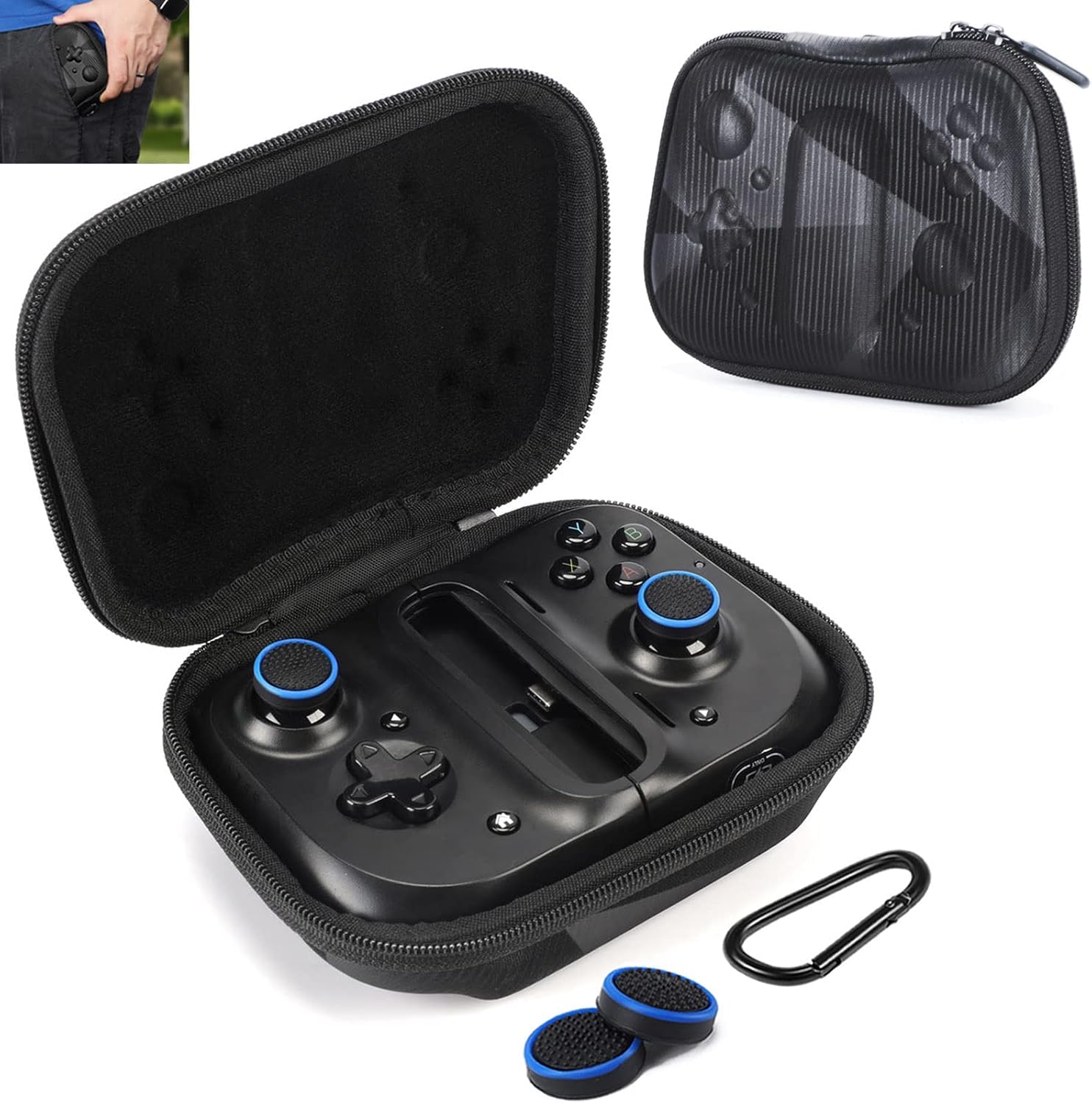 Funda delgada para Razer Kishi  Gamevice con control móvil de juegos con palancas de pulgar y mosquetón (tecnológico-negro)