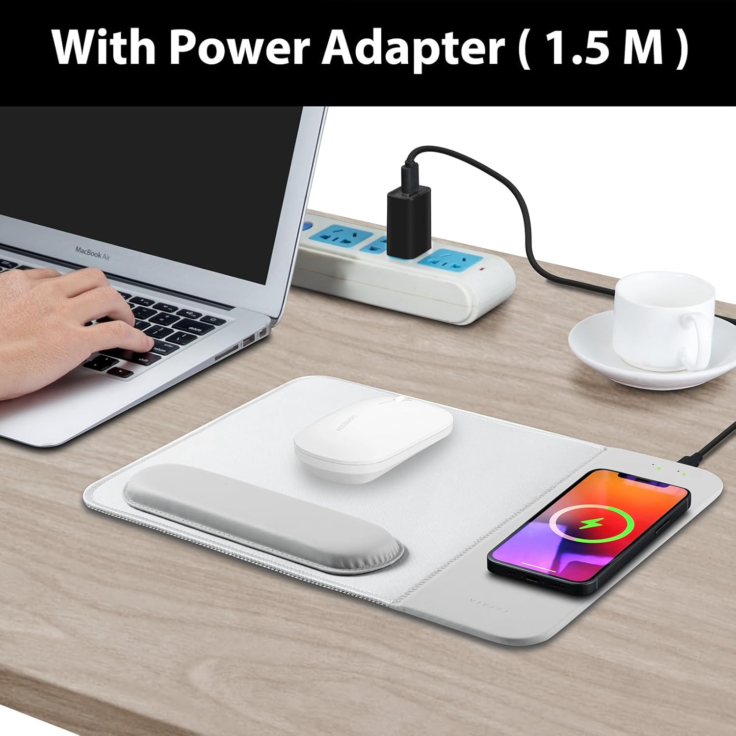 VIVIYA Alfombrilla de mouse de carga inalámbrica de 15 W con soporte de muñeca desmontable y adaptador de corriente de 20 W, cargador de teléfono
