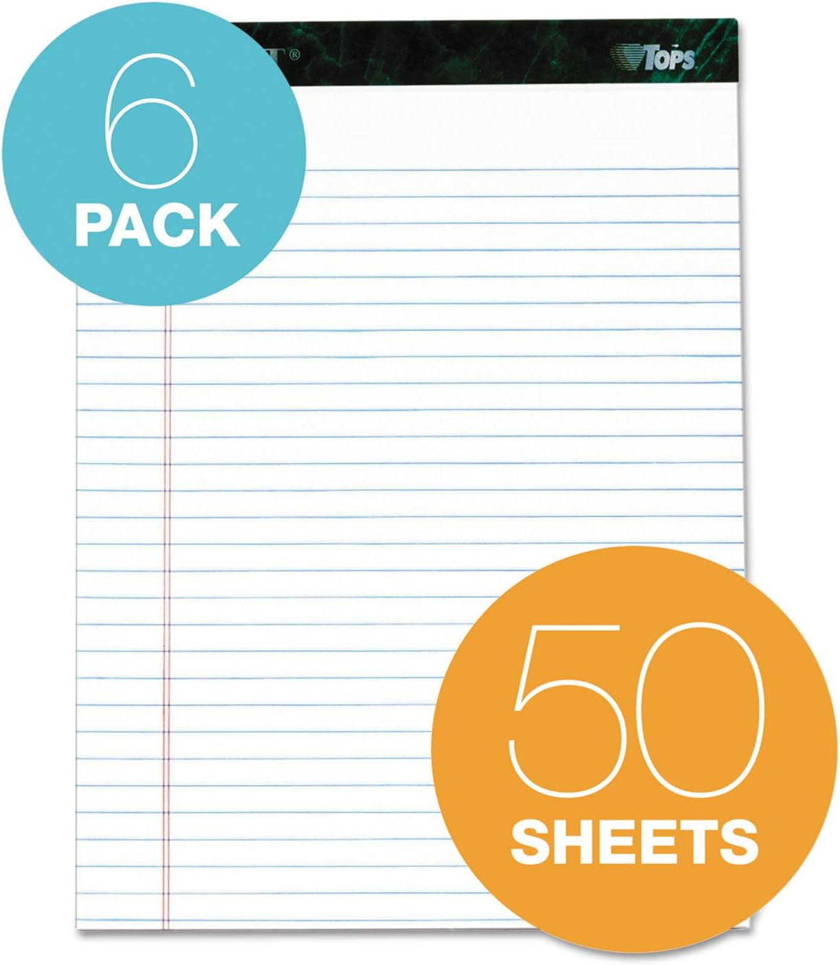 TOPS Docket – Tableta de escritura, 8-12 x 11-34 pulgadas, perforada, blanca, regla legalancha, 50 hojas por bloc, 6 almohadillas por paquete (63416)
