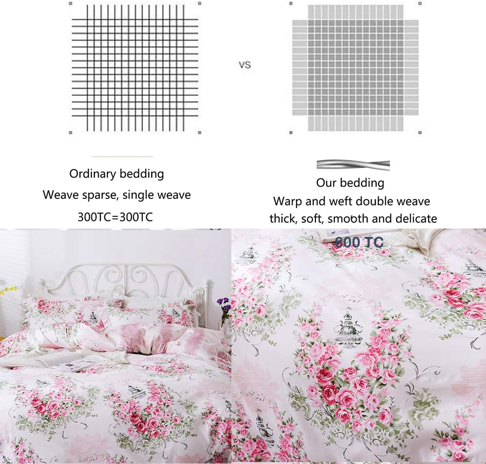 FADFAY Juego de funda de edredón, estilo floral elegante desgastado de roseta rosado, con cierre de cremallera oculto, 100% algodón, con falda de