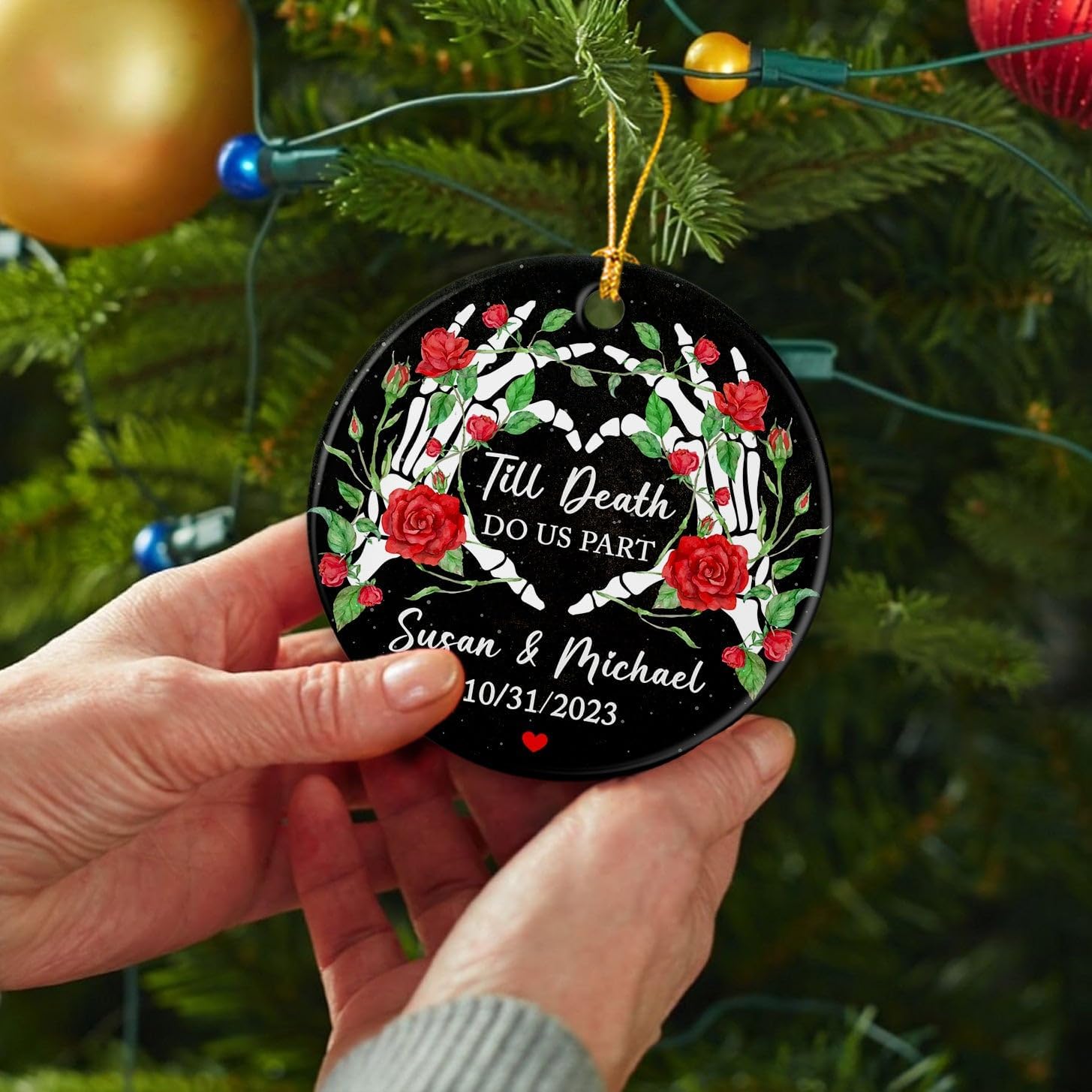 Adorno de cerámica de Navidad para parejas, esposo, esposa, adorno de Navidad Till Death Do Us Part, adorno de Navidad de esqueleto gótico, adorno