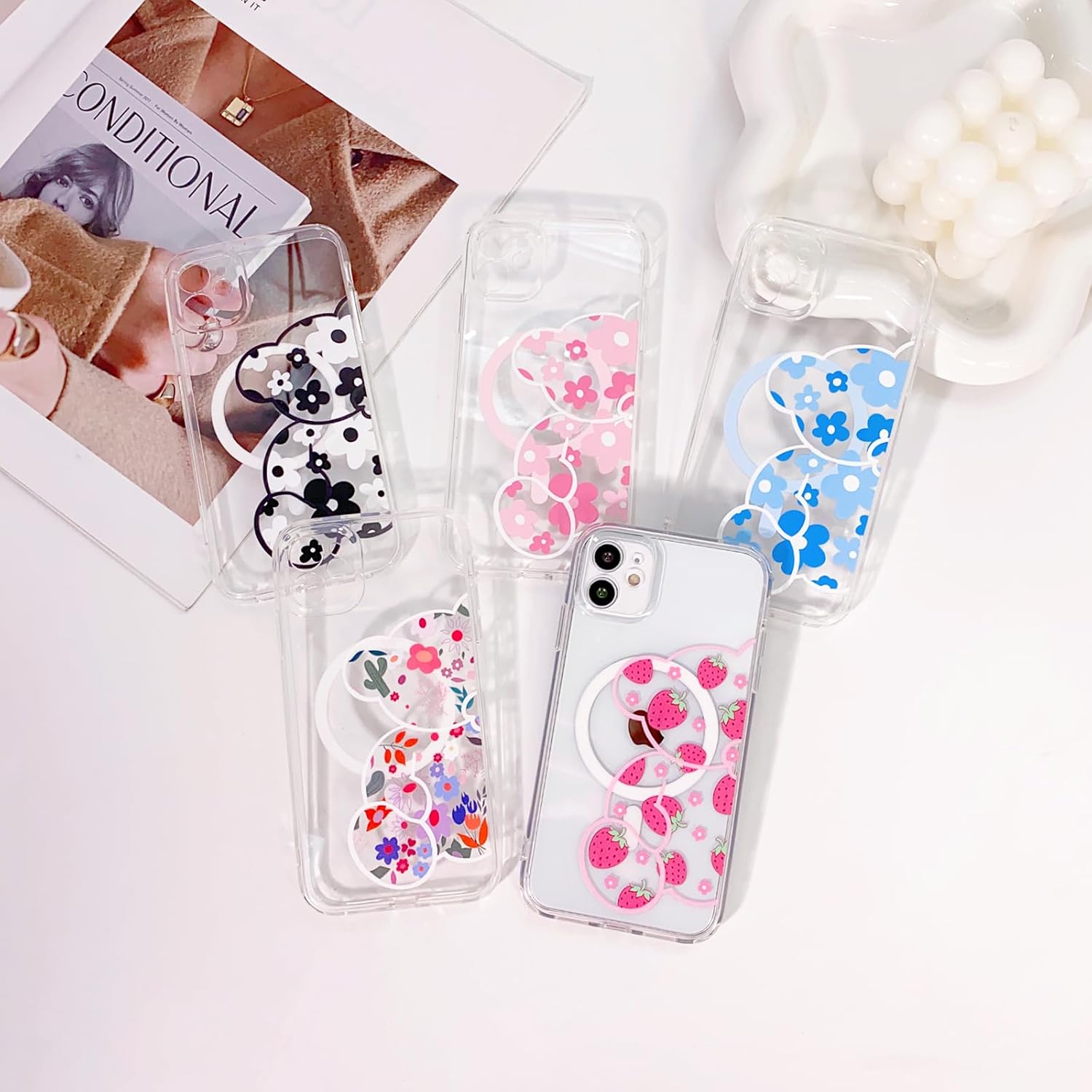 NITITOP Funda compatible con iPhone 11 compatible con MagSafe Cute Clear Flower Floral Bear Design para niñas y mujeres, TPU suave a prueba de