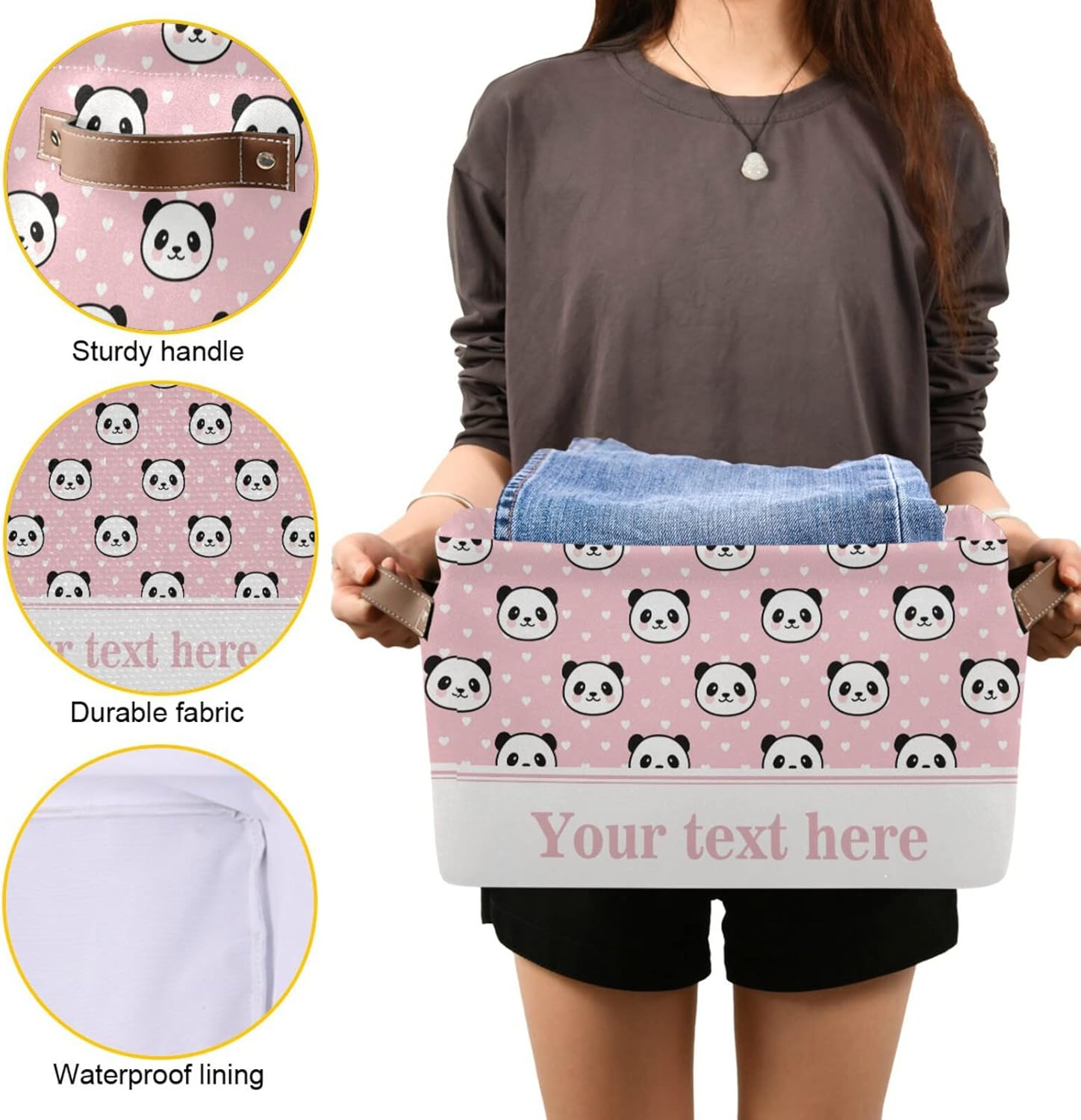 Cesta de almacenamiento rectangular con diseño de panda de dibujos animados, caja de almacenamiento plegable con asas de cuero, estantes, cesta